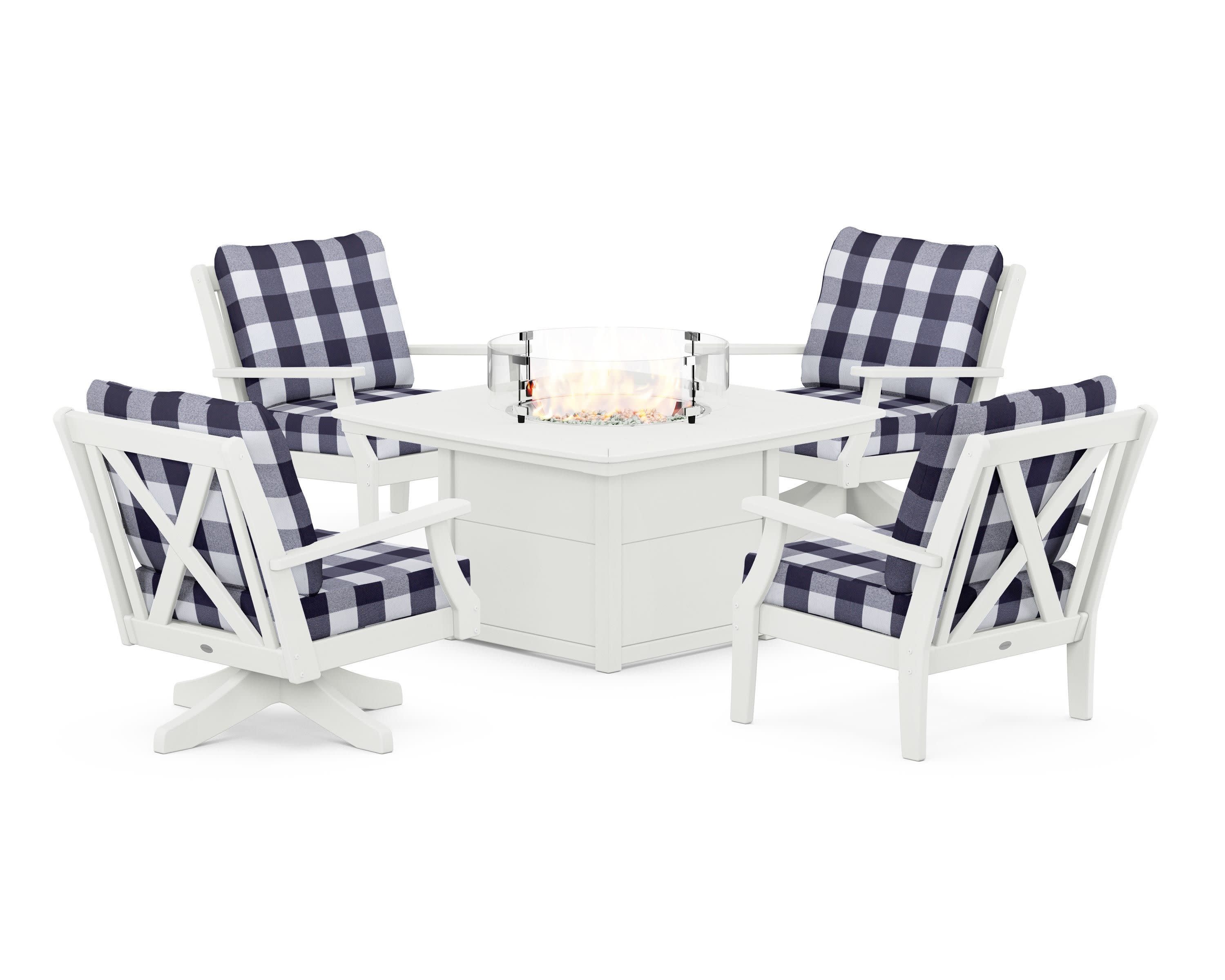Braxton 5-Piece Deep Seating Set with Fire Table in Vintage White / Buffalo Plaid Navy