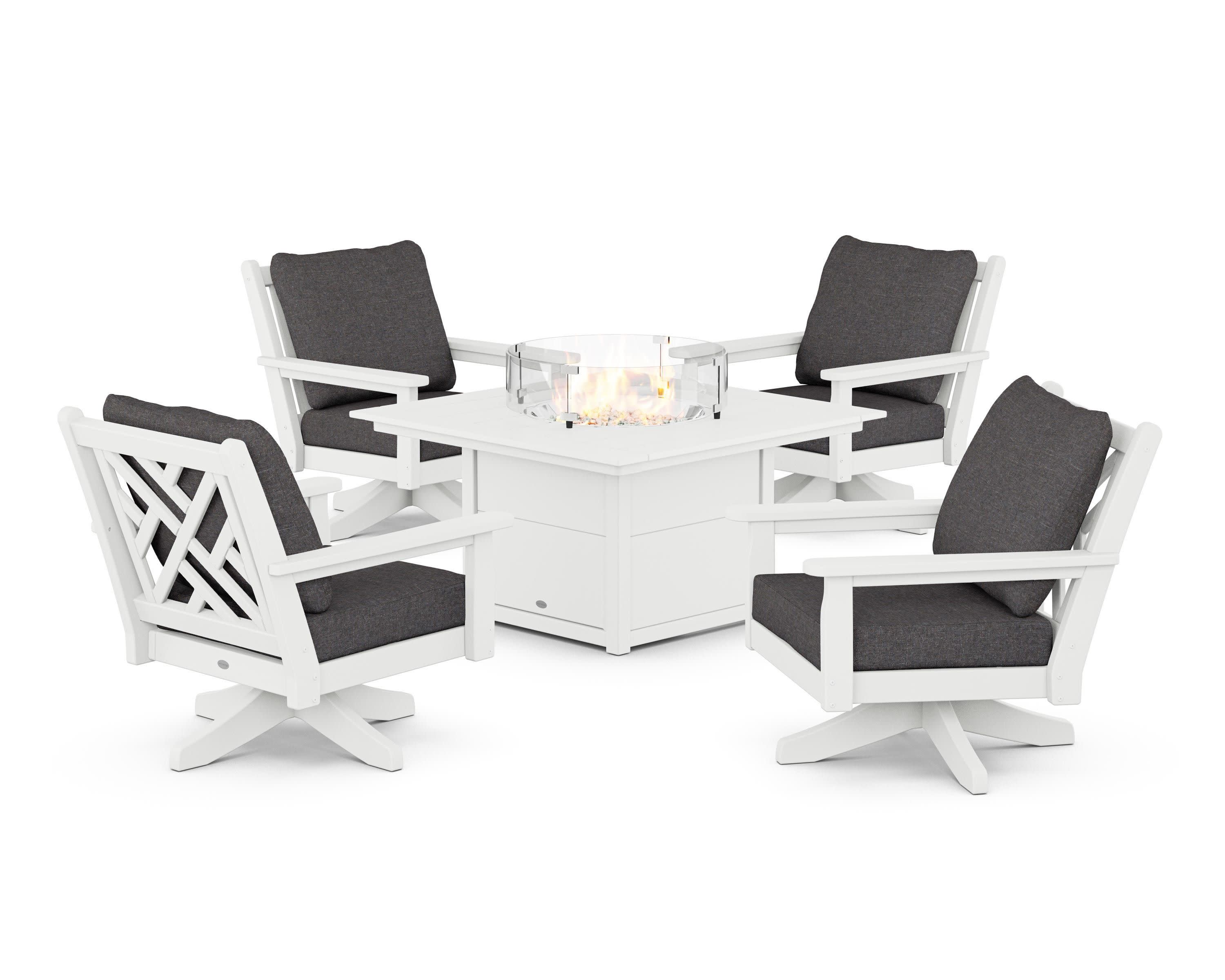 Chippendale 5-Piece Deep Seating Swivel Conversation Set with Fire Pit Table in White / Ash Charcoal