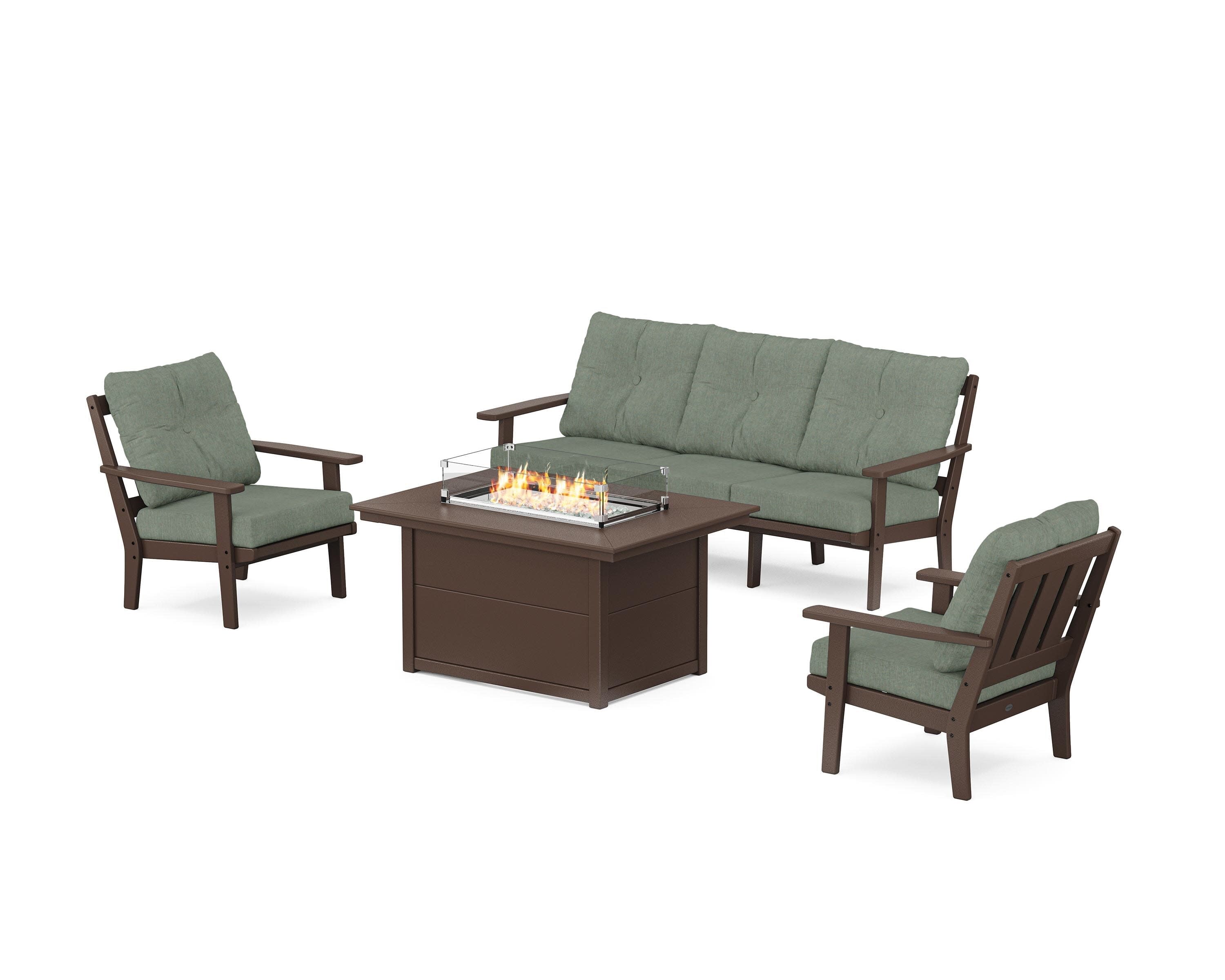 Oxford Deep Seating Fire Pit Table Set in Mahogany / Cast Sage