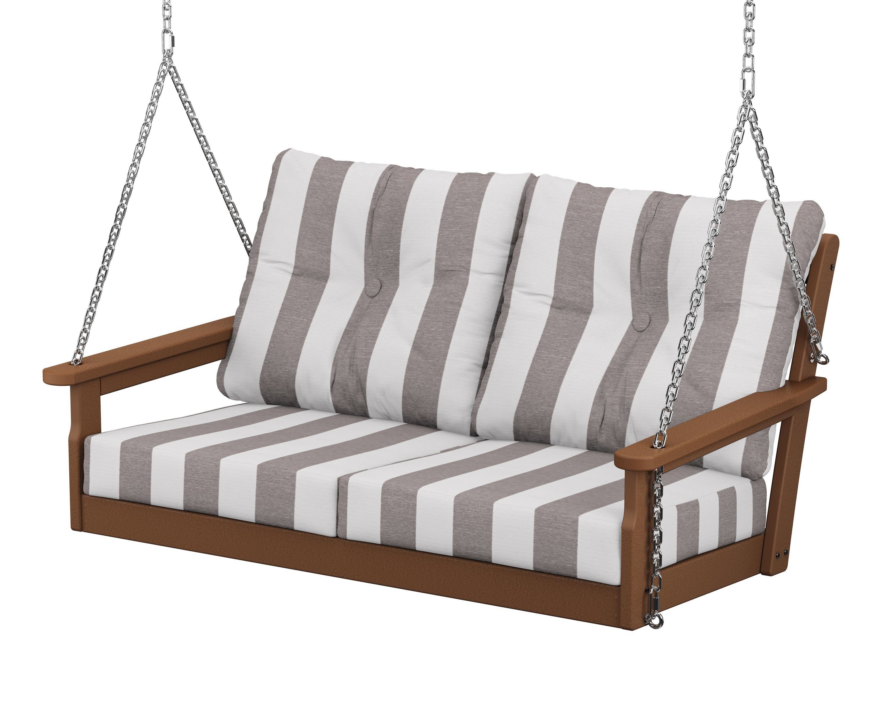 Vineyard Deep Seating Swing in Teak / Cabana Stripe Grey Mist