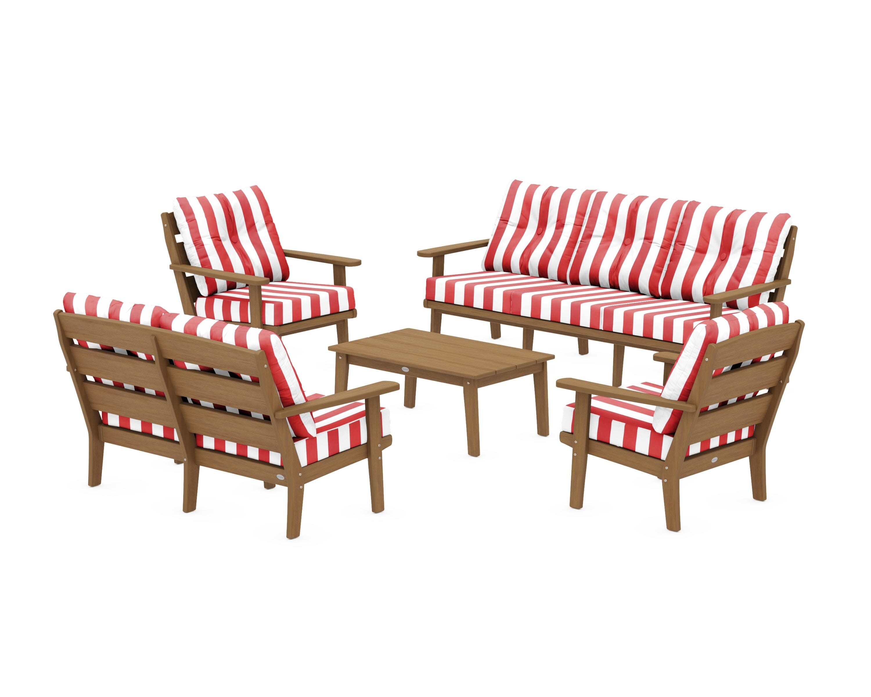 Lakeside 5-Piece Lounge Sofa Set in Natural / Cabana Stripe Crimson