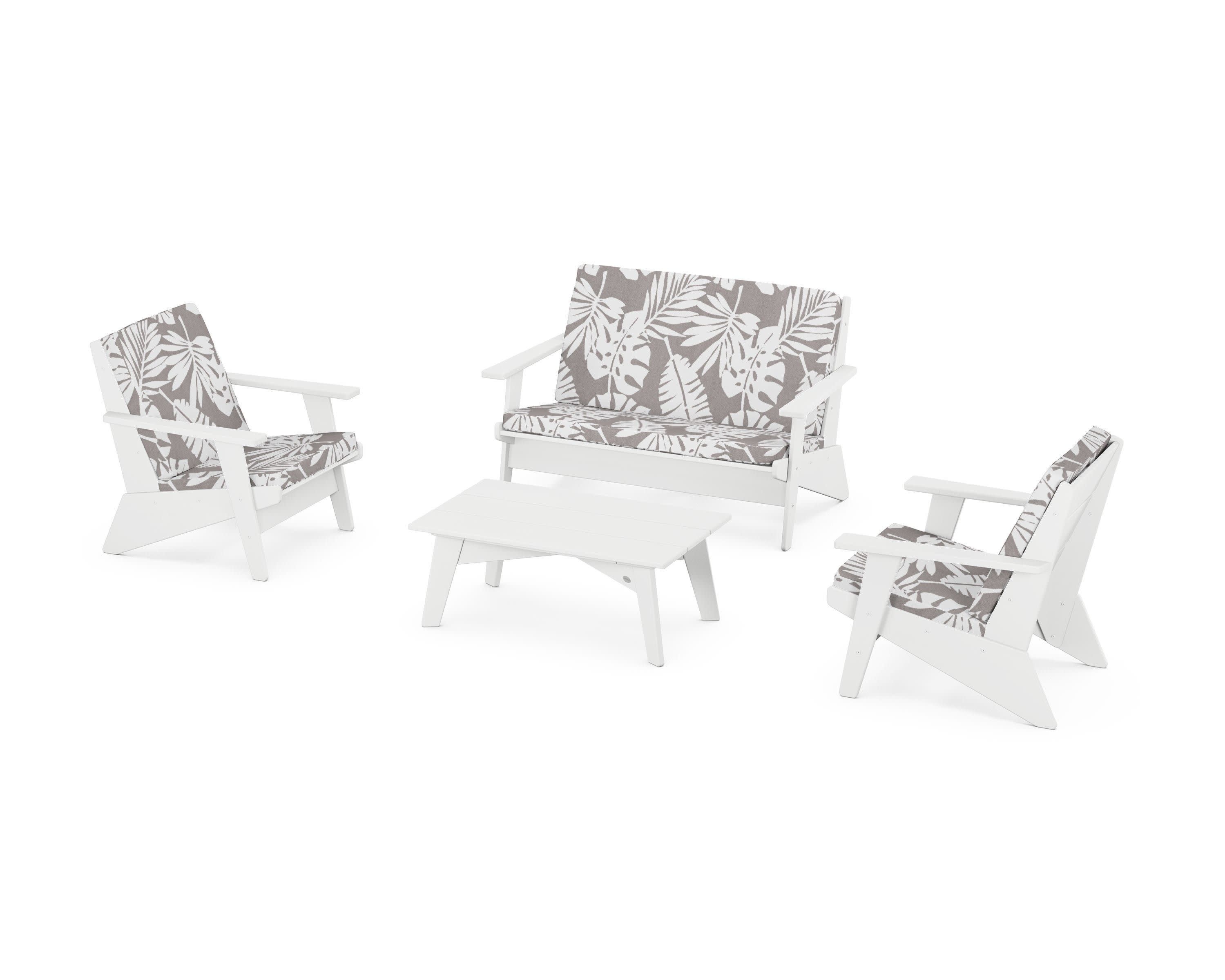 Riviera Modern Lounge 4-Piece Set in White / Leaf Grey Mist