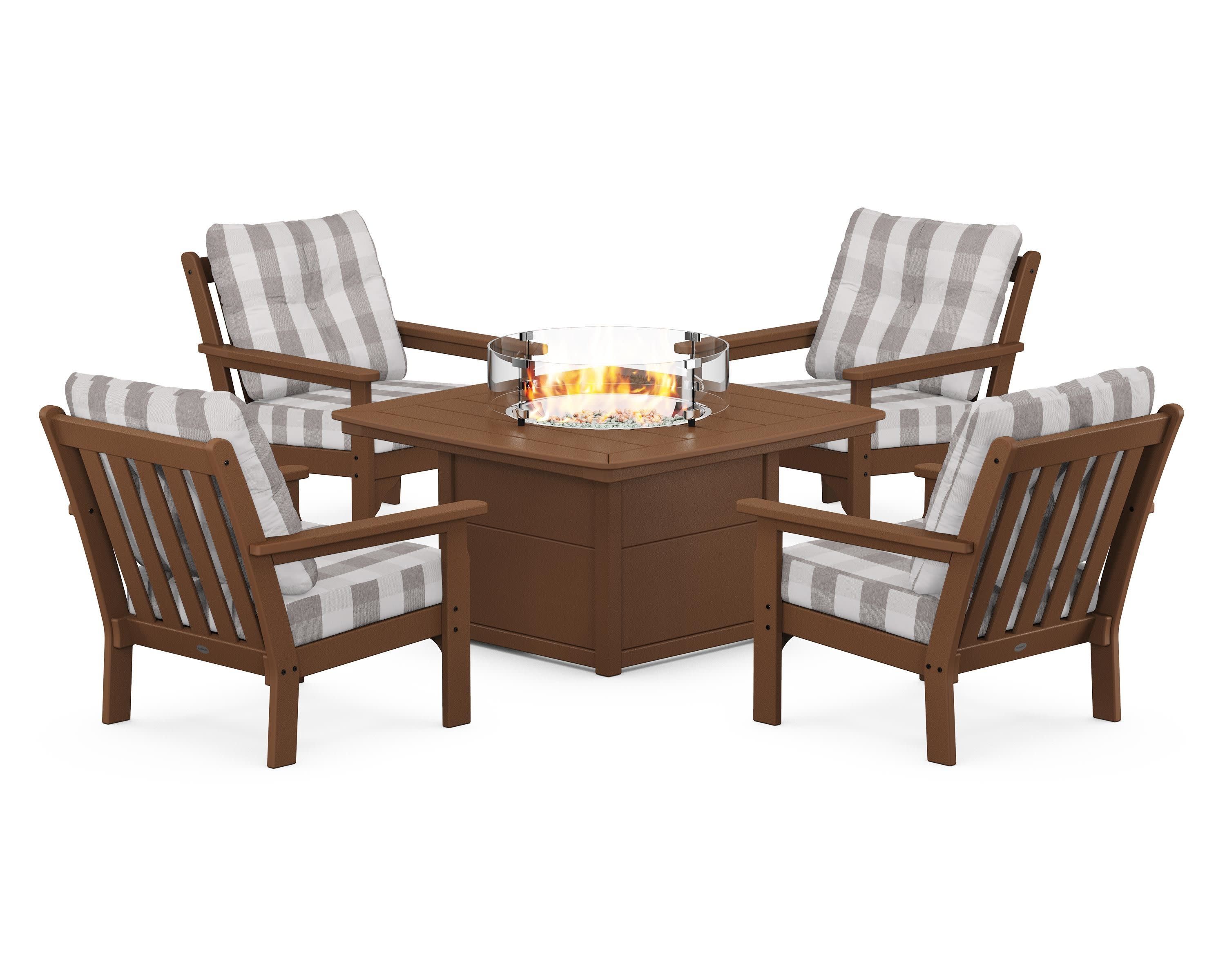 Vineyard 5-Piece Conversation Set with Fire Pit Table in Teak / Buffalo Plaid Grey Mist