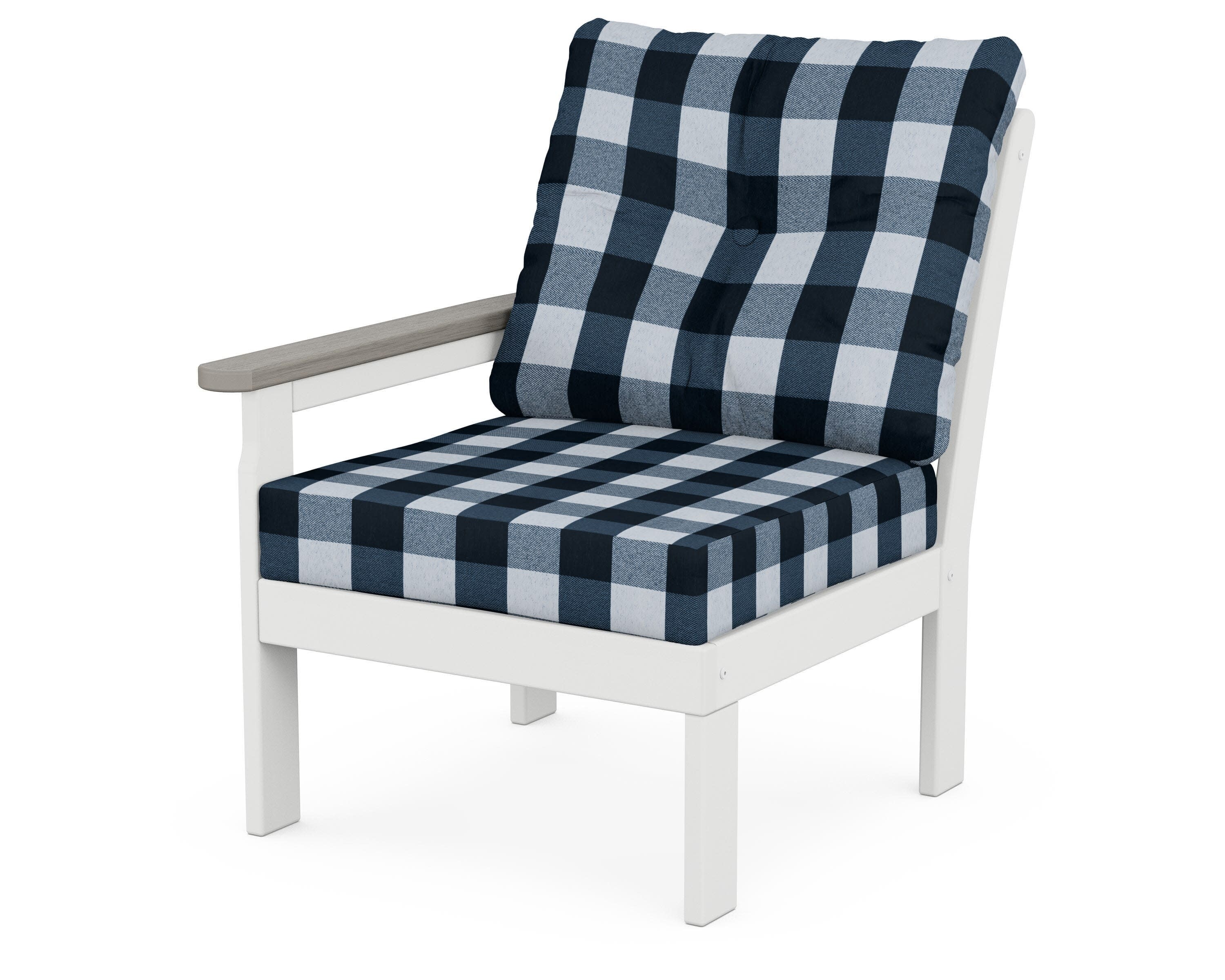 Vineyard Modular Left Arm Chair in White / Driftwood / Buffalo Plaid Marine Indigo