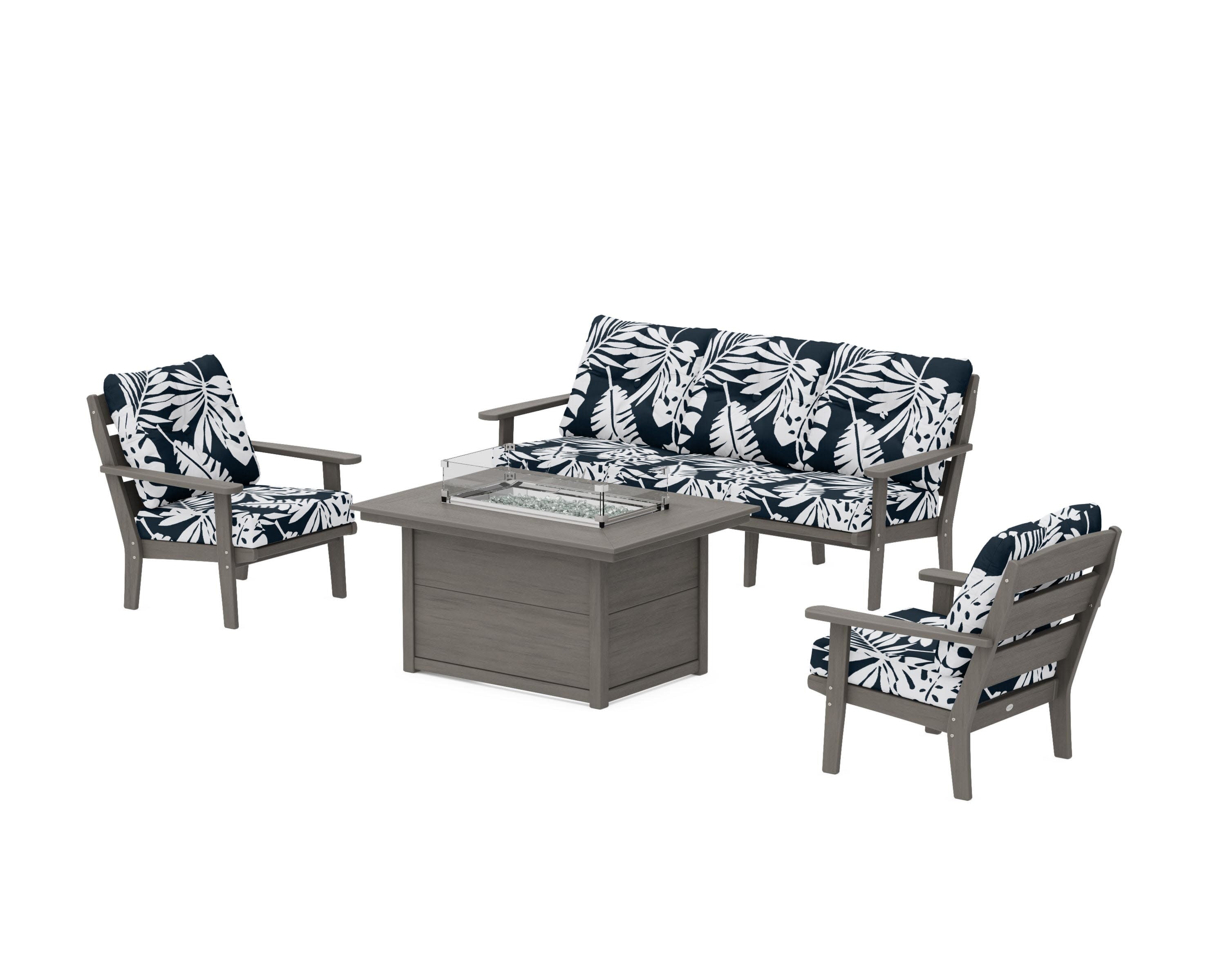 Lakeside Deep Seating Fire Pit Table Set in Driftwood / Leaf Marine Indigo