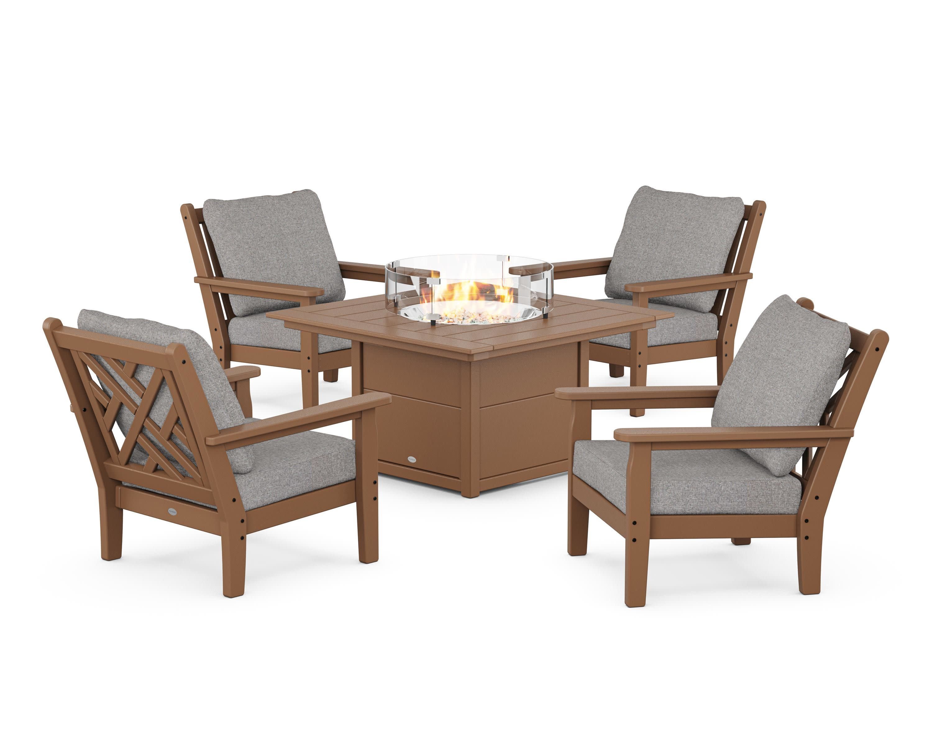 Chippendale 5-Piece Deep Seating Set with Fire Pit Table in Teak / Grey Mist