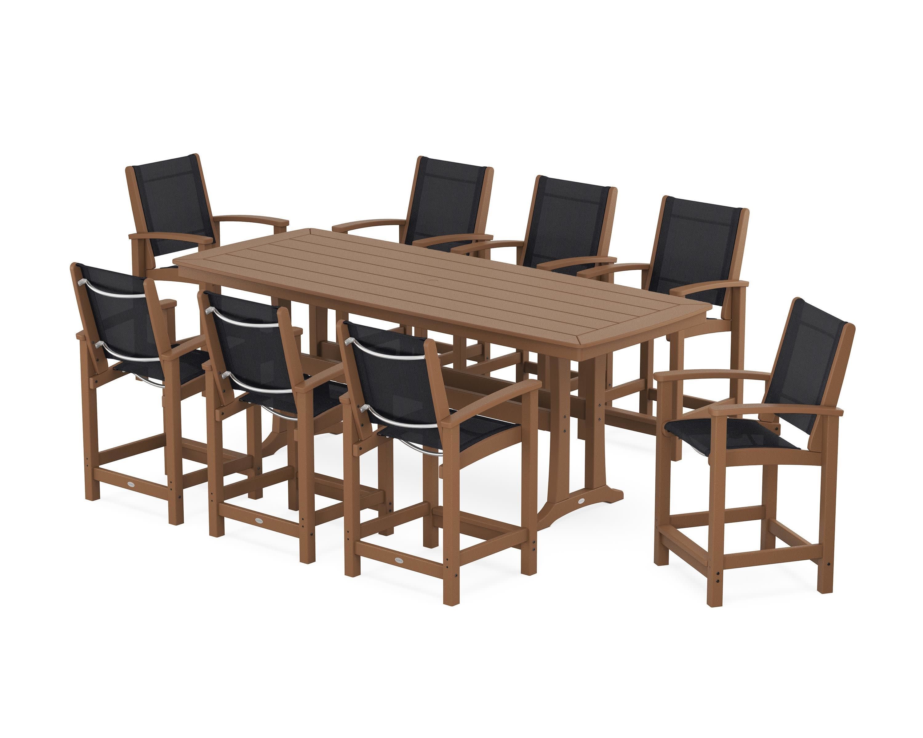 Coastal 9-Piece Counter Set with Trestle Legs in Teak / Black Sling