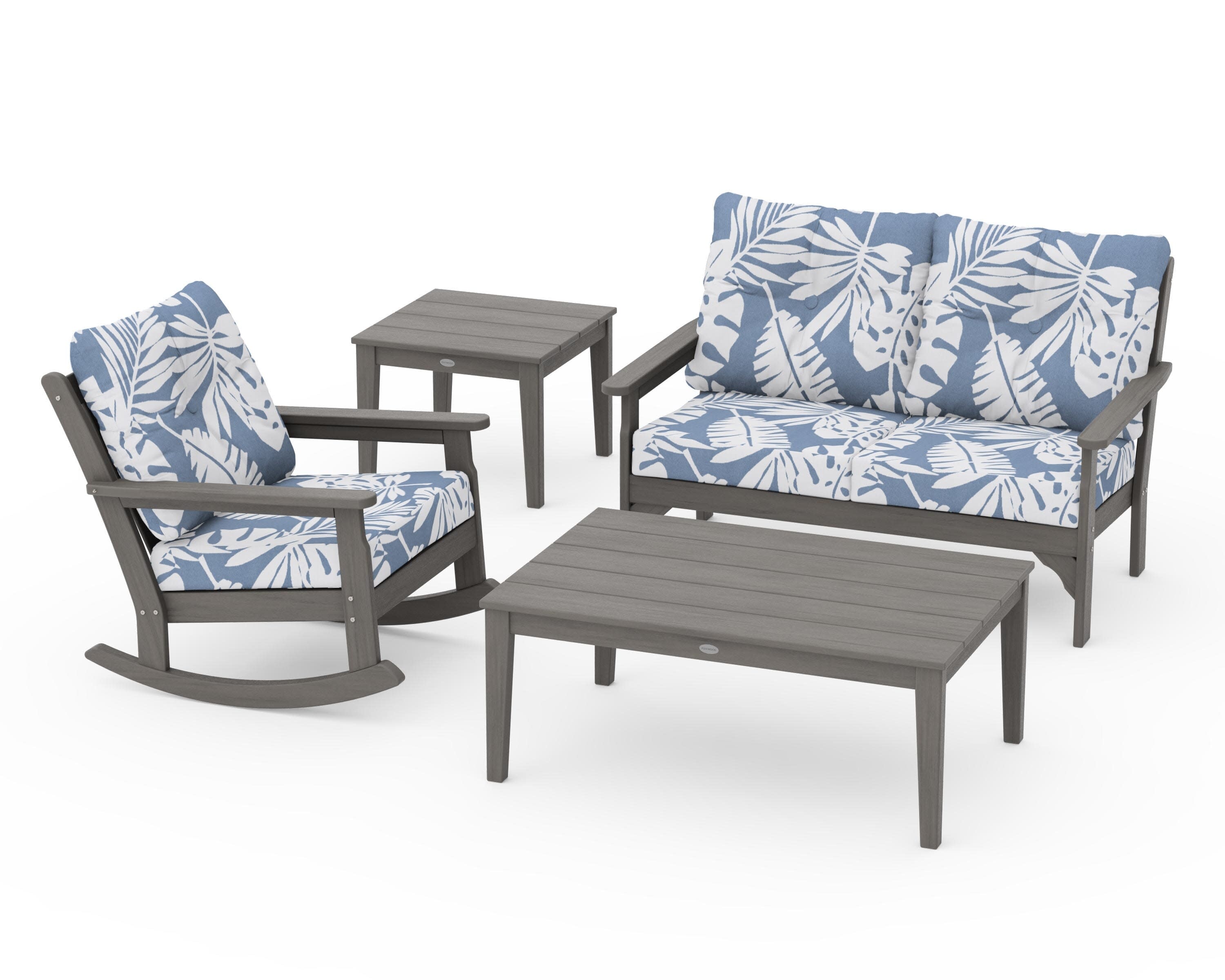 Vineyard 4-Piece Deep Seating Rocker Set in Driftwood / Leaf Sky Blue