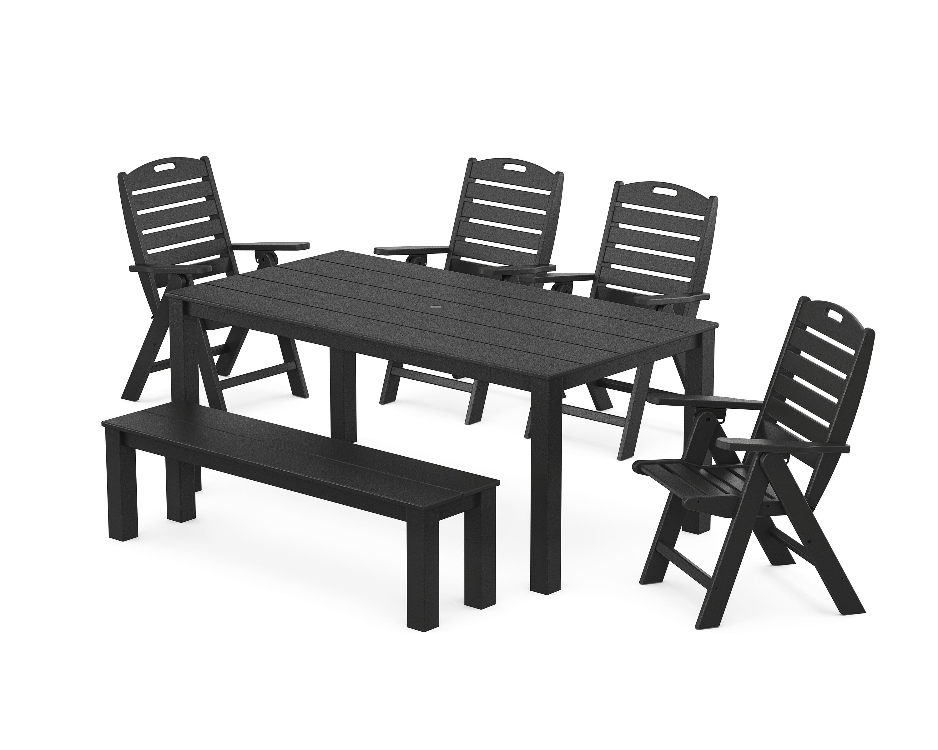 Nautical Folding Highback Chair 6-Piece Parsons Dining Set with Bench in Black