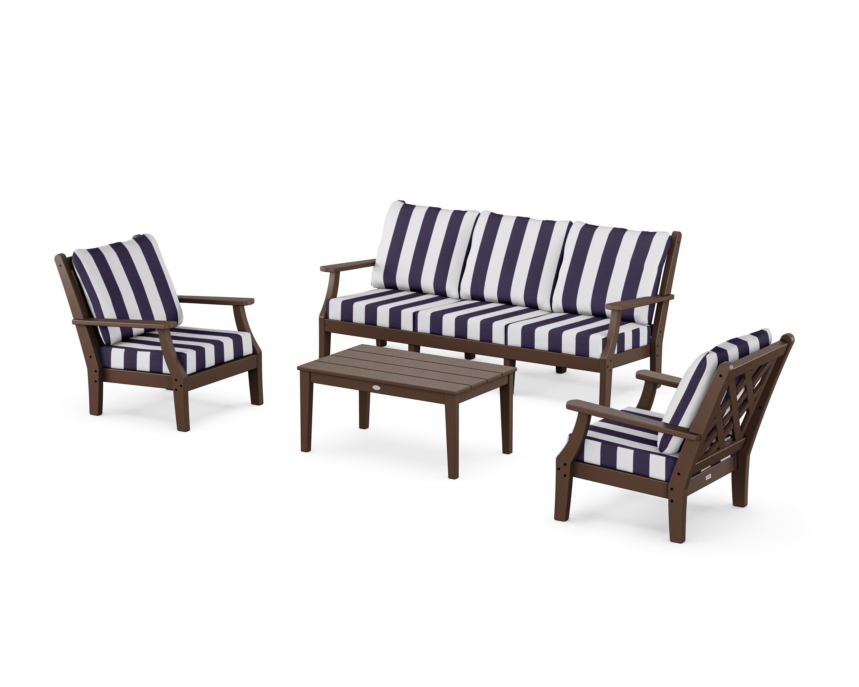 Wovendale 4-Piece Deep Seating Set with Sofa in Mahogany / Cabana Stripe Navy