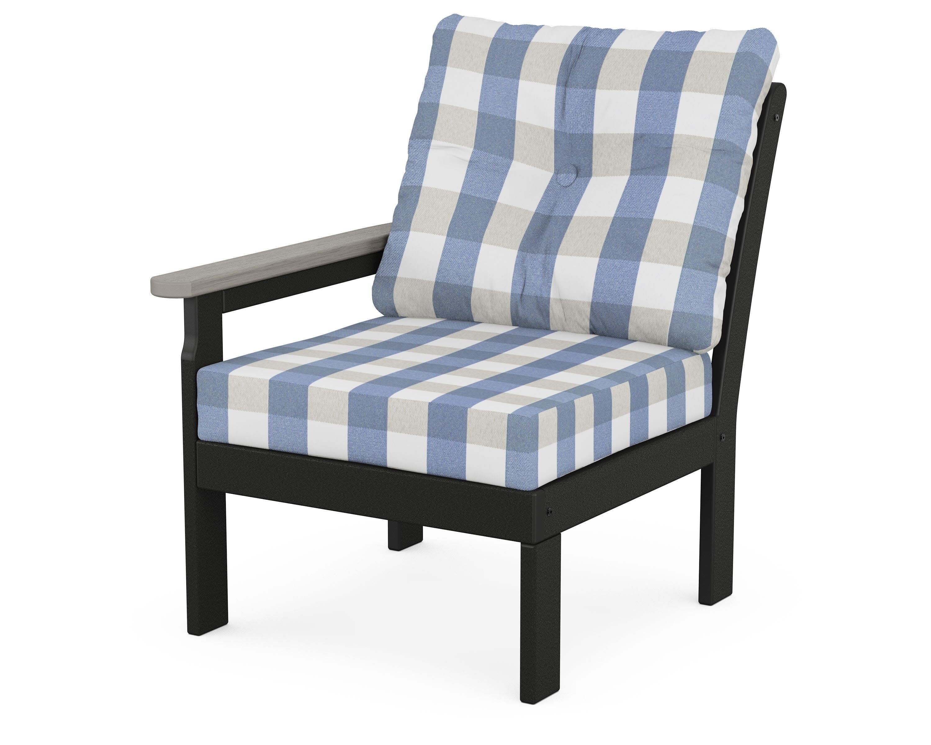 Vineyard Modular Left Arm Chair in Black / Driftwood / Buffalo Plaid Sky Blue