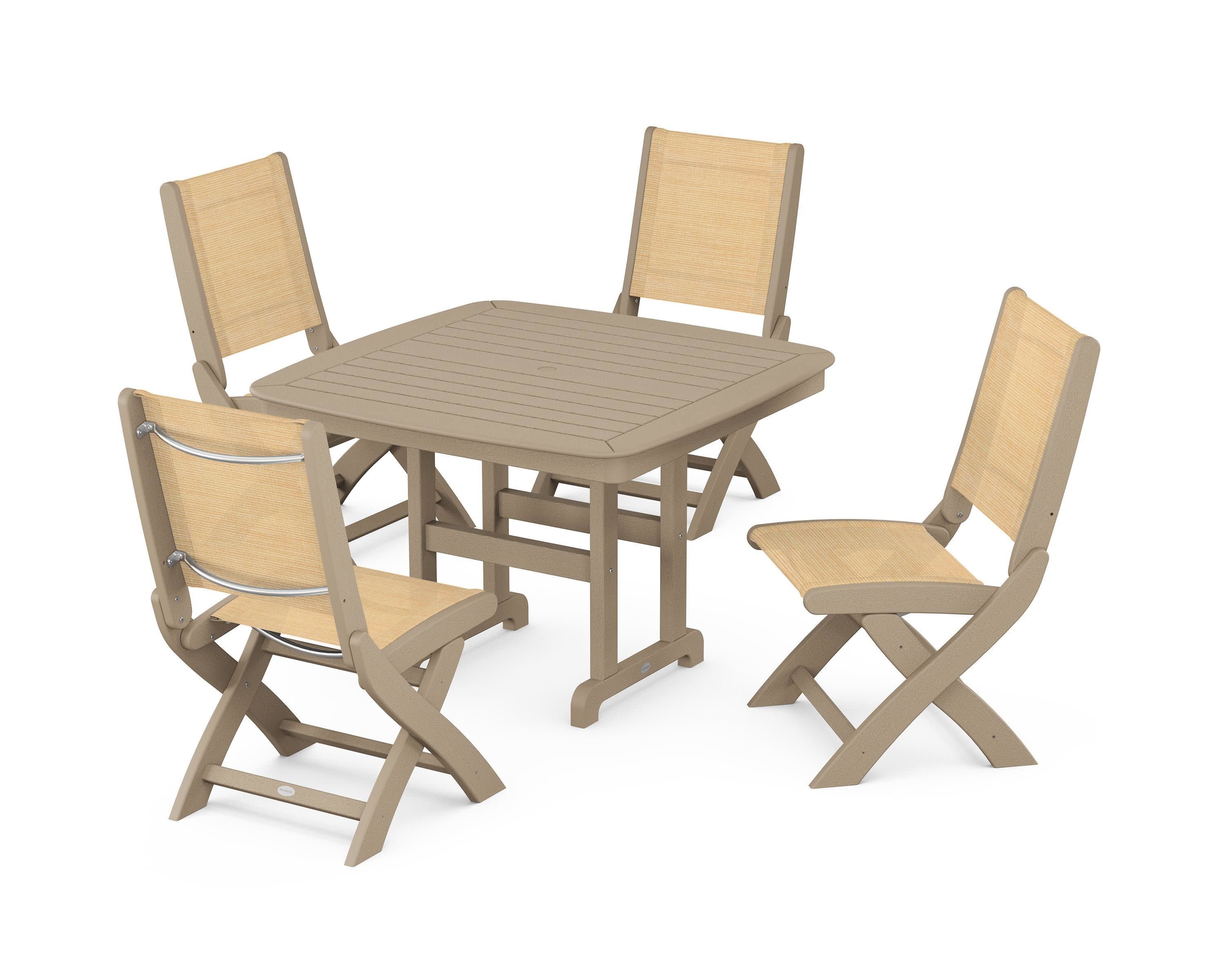 Coastal Folding Side Chair 5-Piece Dining Set in Vintage Sahara / Dupioni Apricot Sling