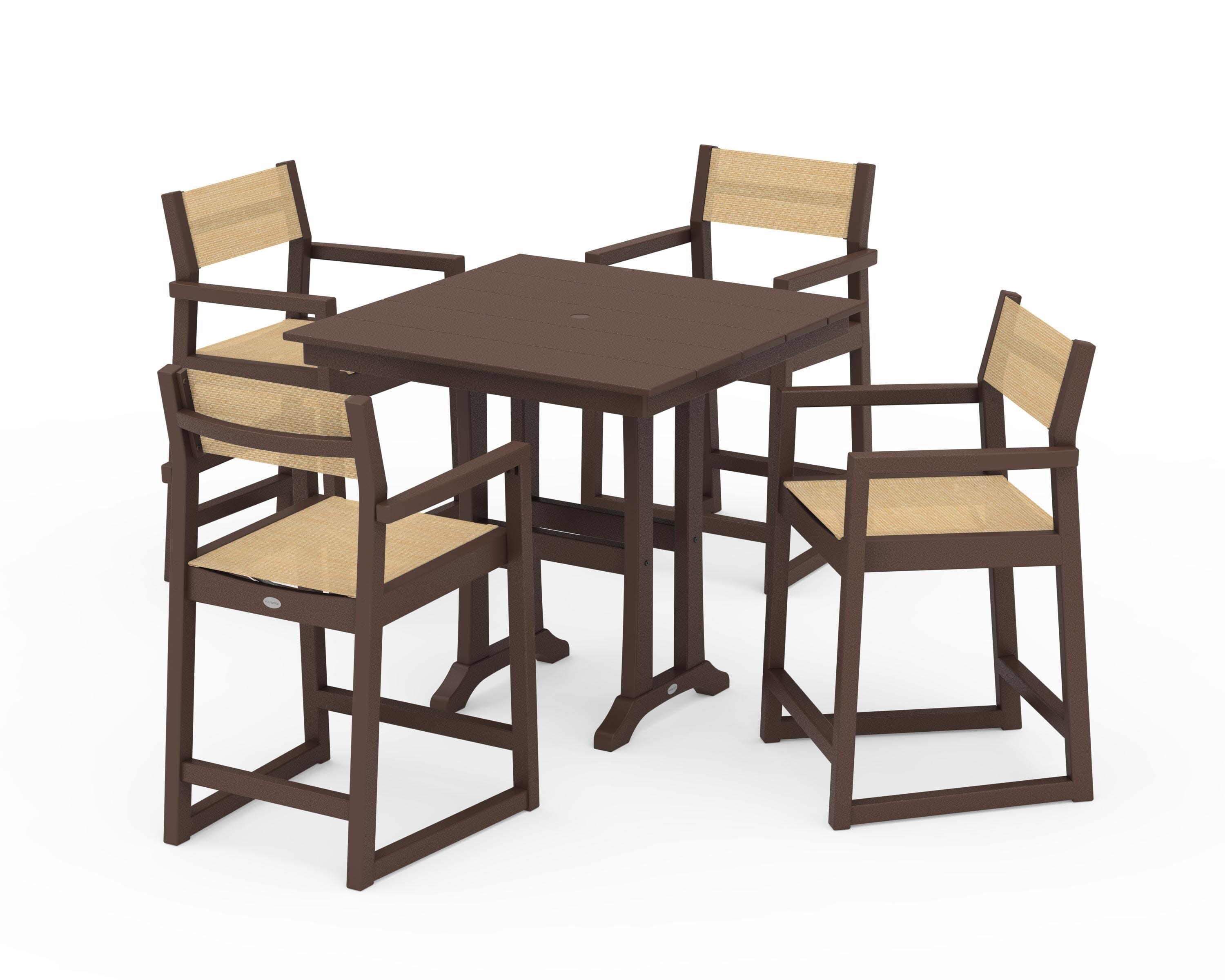 EDGE Sling Arm Chair 5-Piece Farmhouse Counter Set with Trestle Legs in Mahogany / Dupioni Apricot Sling