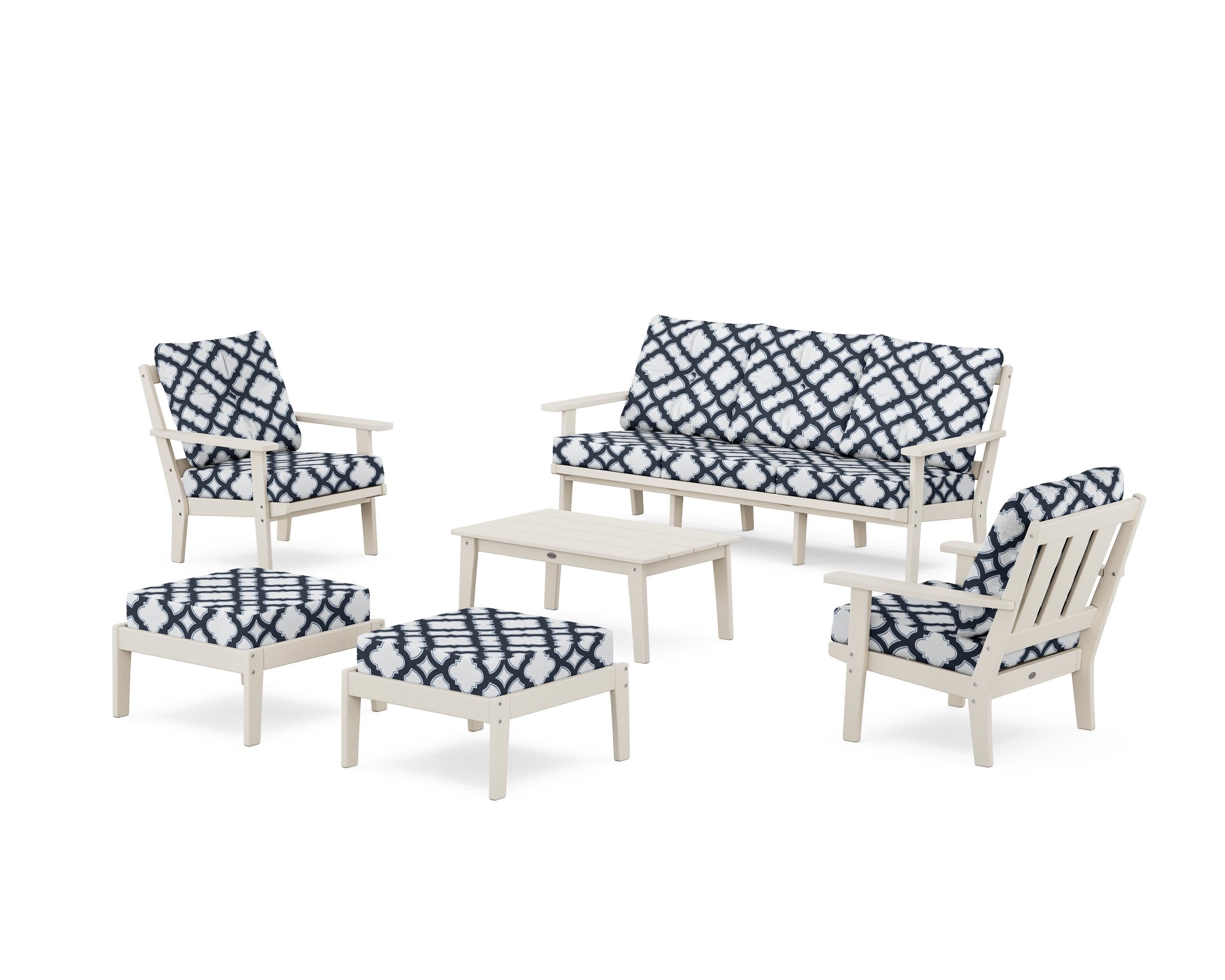 Oxford 6-Piece Lounge Sofa Set in Sand / Trellis Marine Indigo