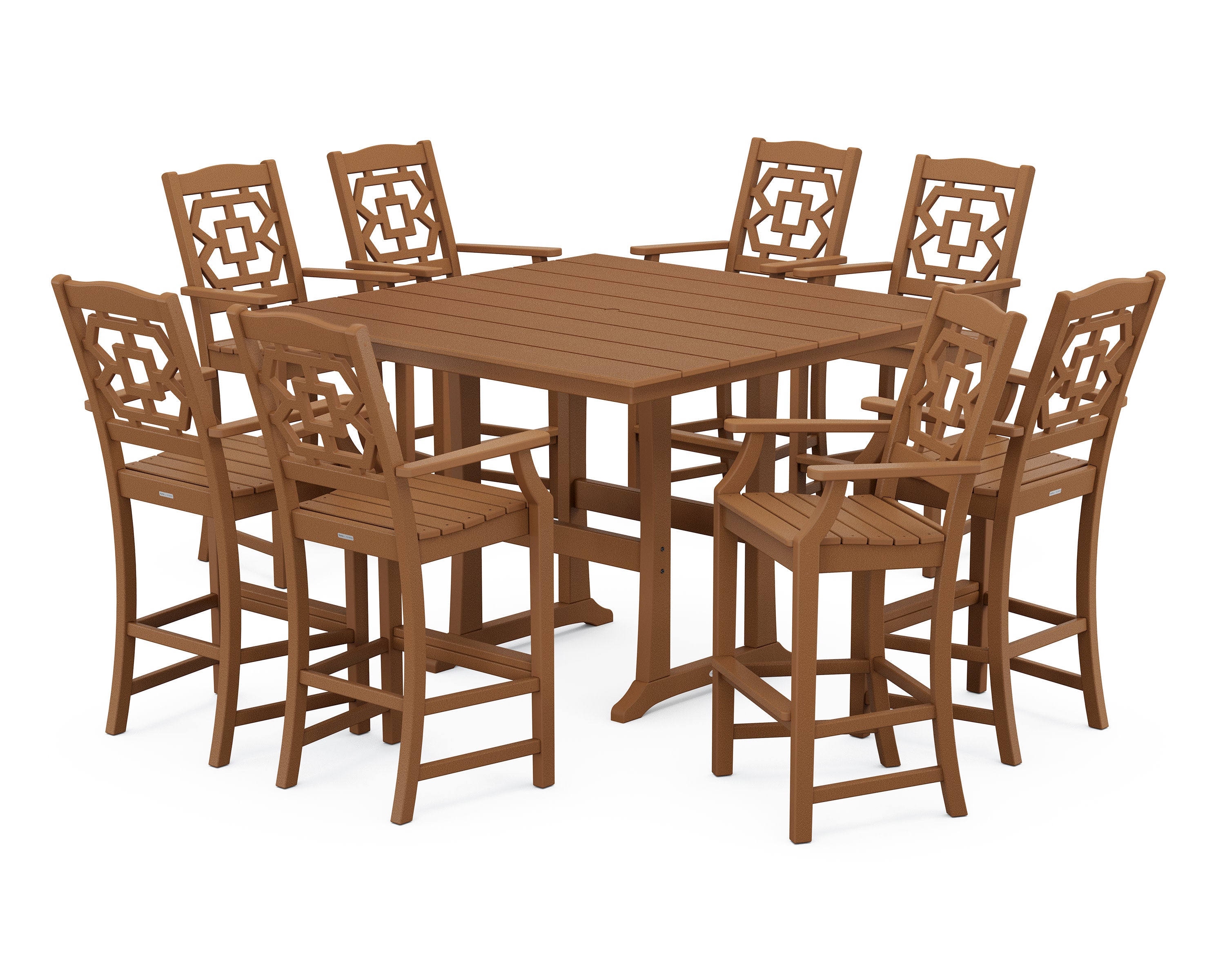 Chinoiserie 9-Piece Square Farmhouse Bar Set with Trestle Legs in Teak