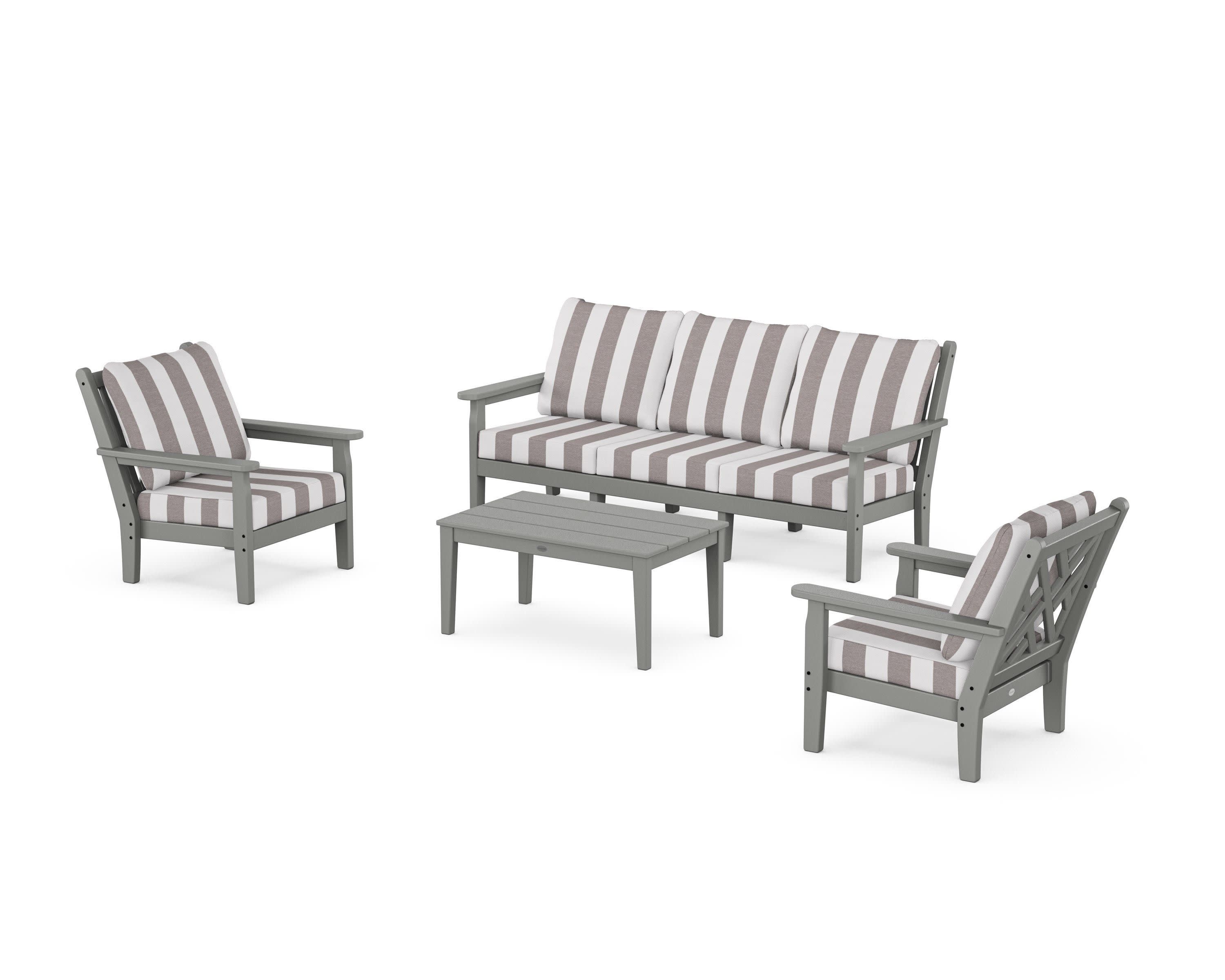 Chippendale 4-Piece Deep Seating Set with Sofa in Slate Grey / Cabana Stripe Grey Mist