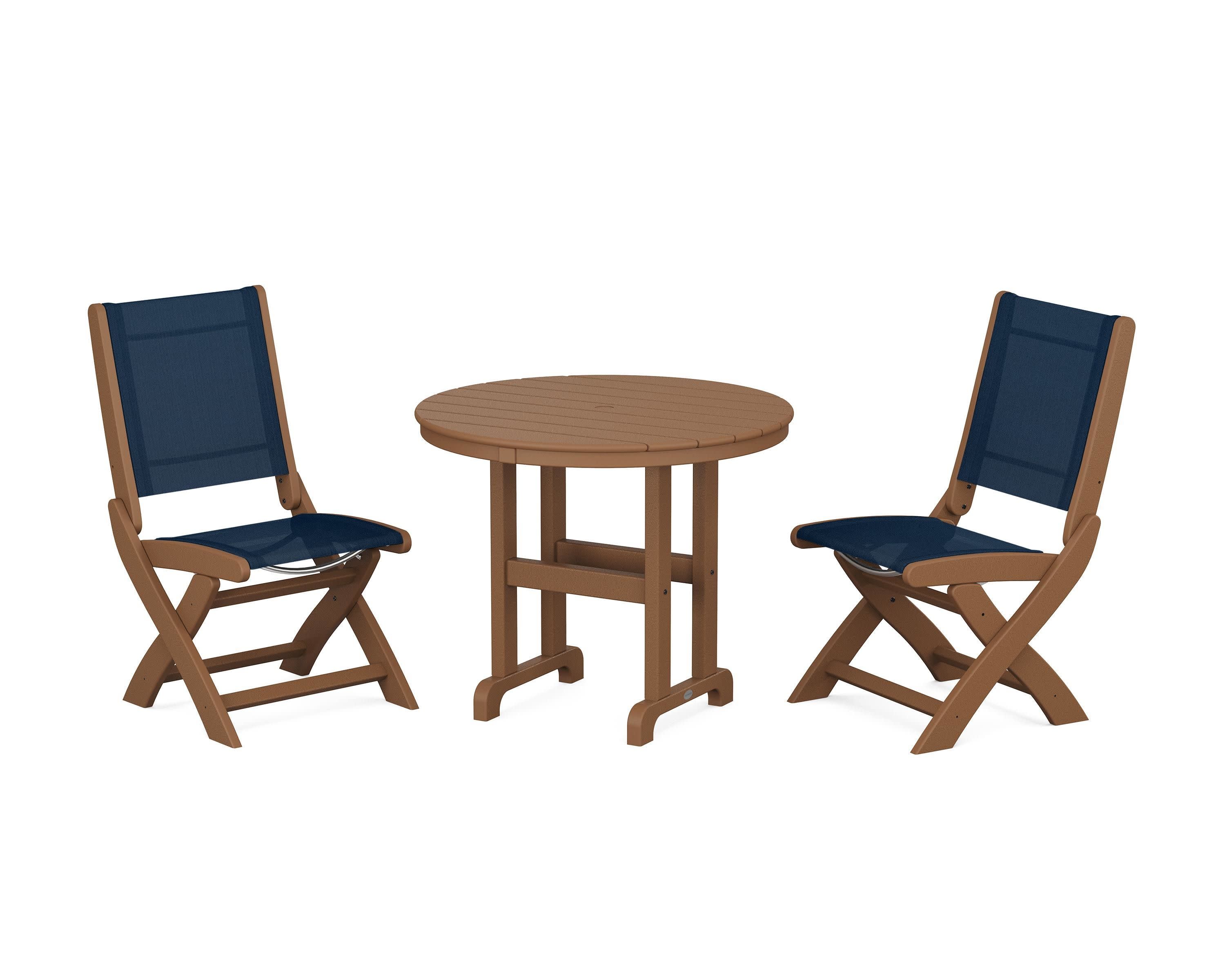Coastal Folding Side Chair 3-Piece Round Dining Set in Teak / Navy Blue Sling