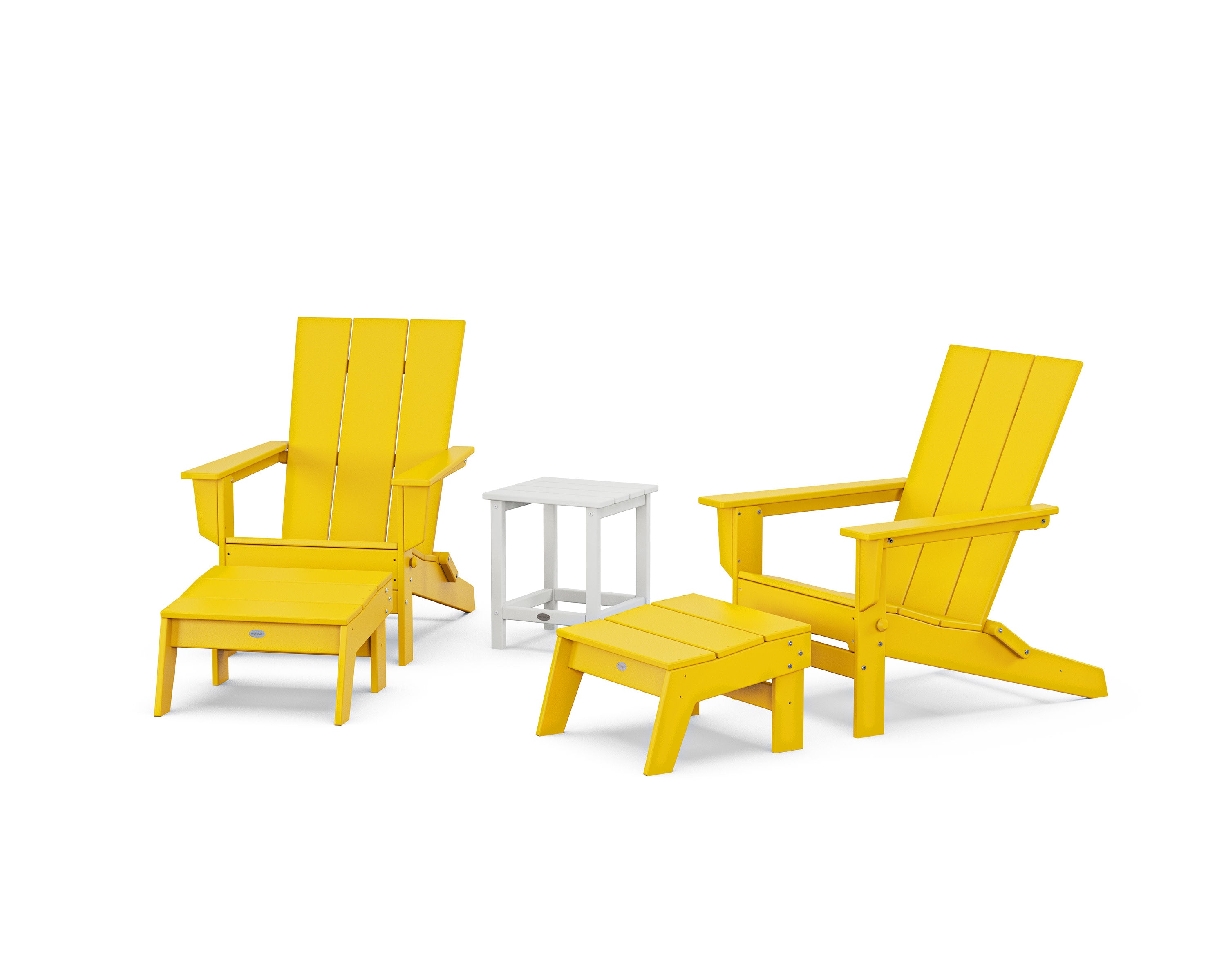 5-Piece Modern Studio Folding Adirondack Set with Ottomans and Side Table in Lemon / White