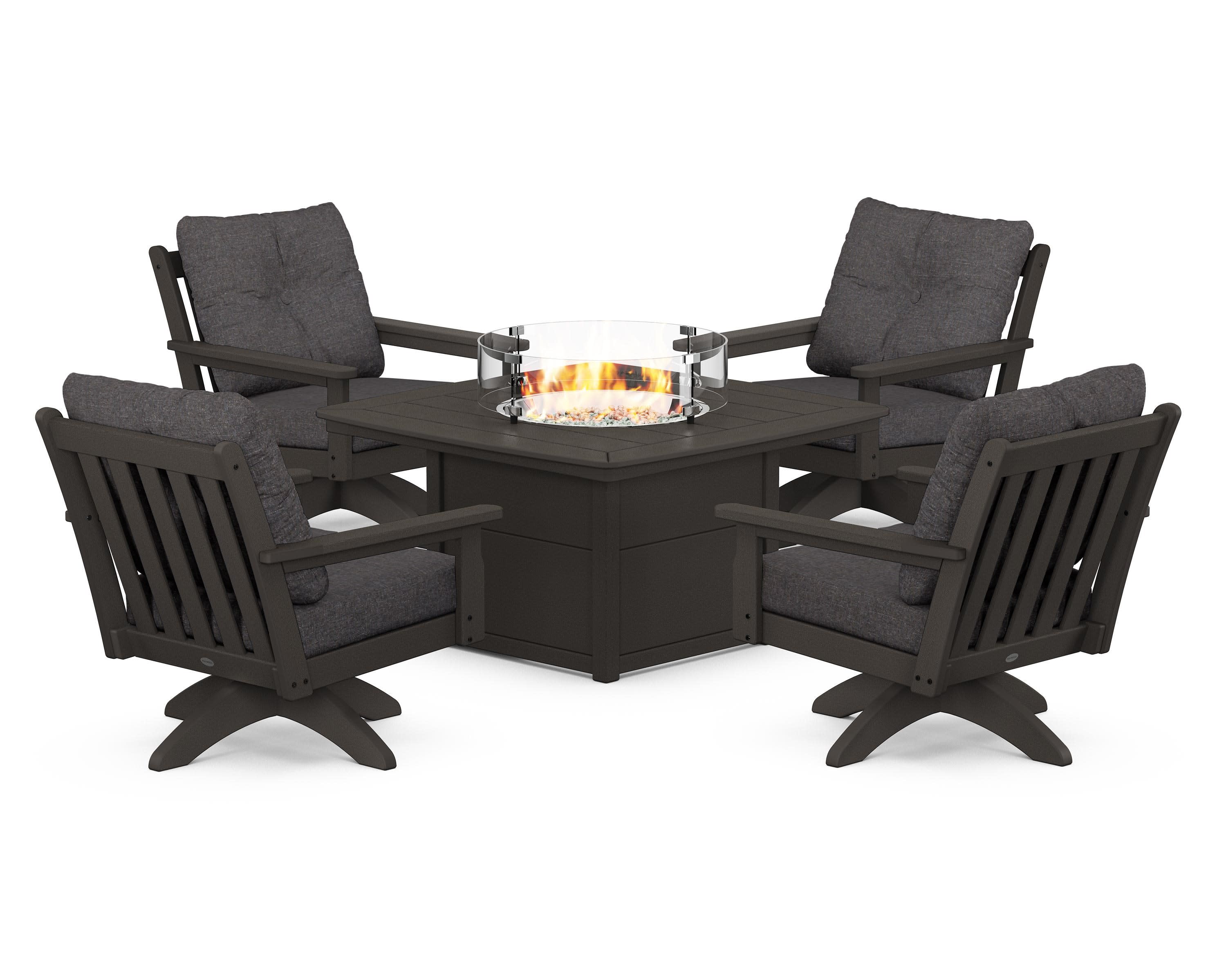 Vineyard 5-Piece Deep Seating Swivel Conversation Set with Fire Pit Table in Vintage Coffee / Ash Charcoal