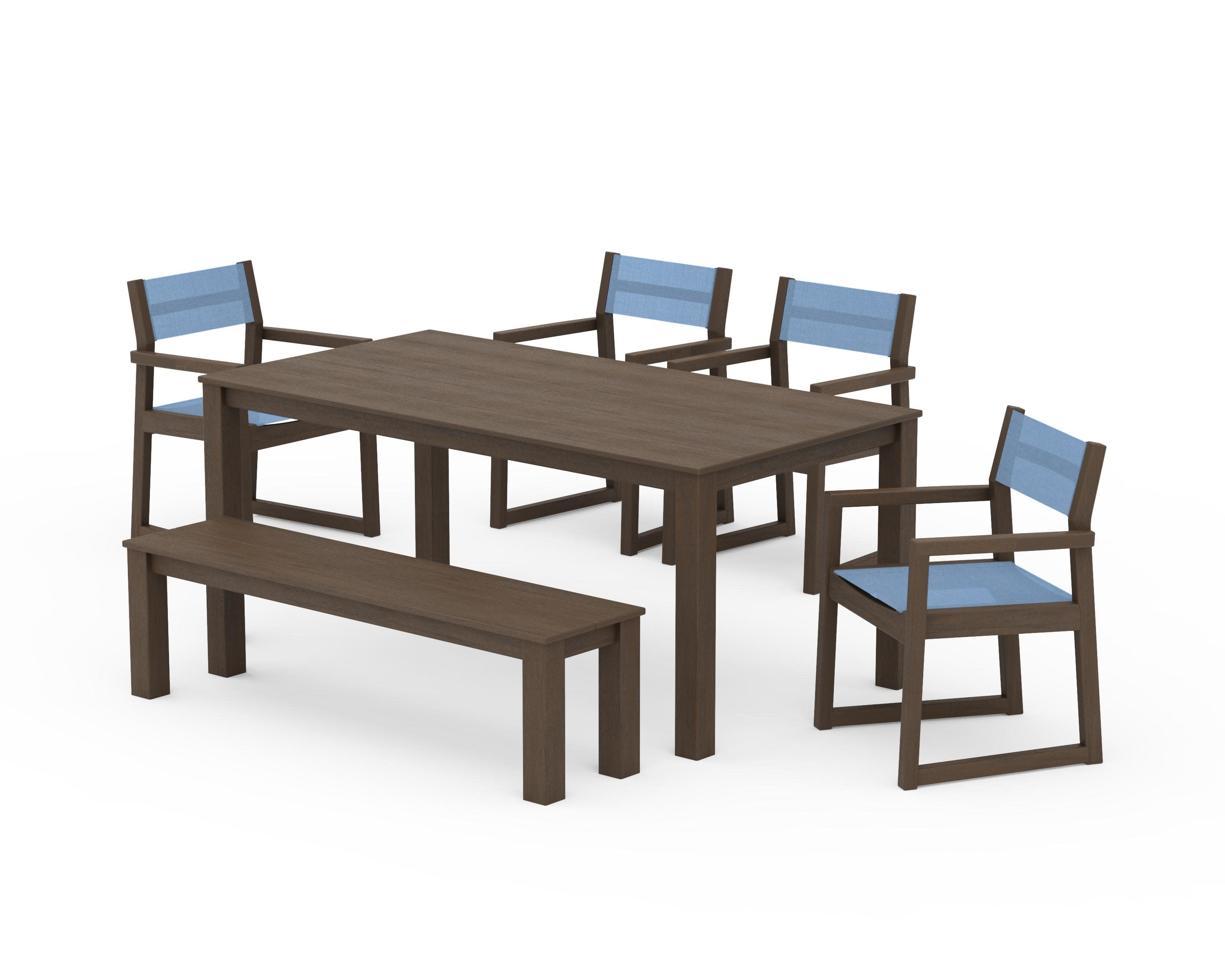 EDGE Sling Arm Chair 6-Piece Parsons Dining Set with Bench in Kona / Poolside Sling