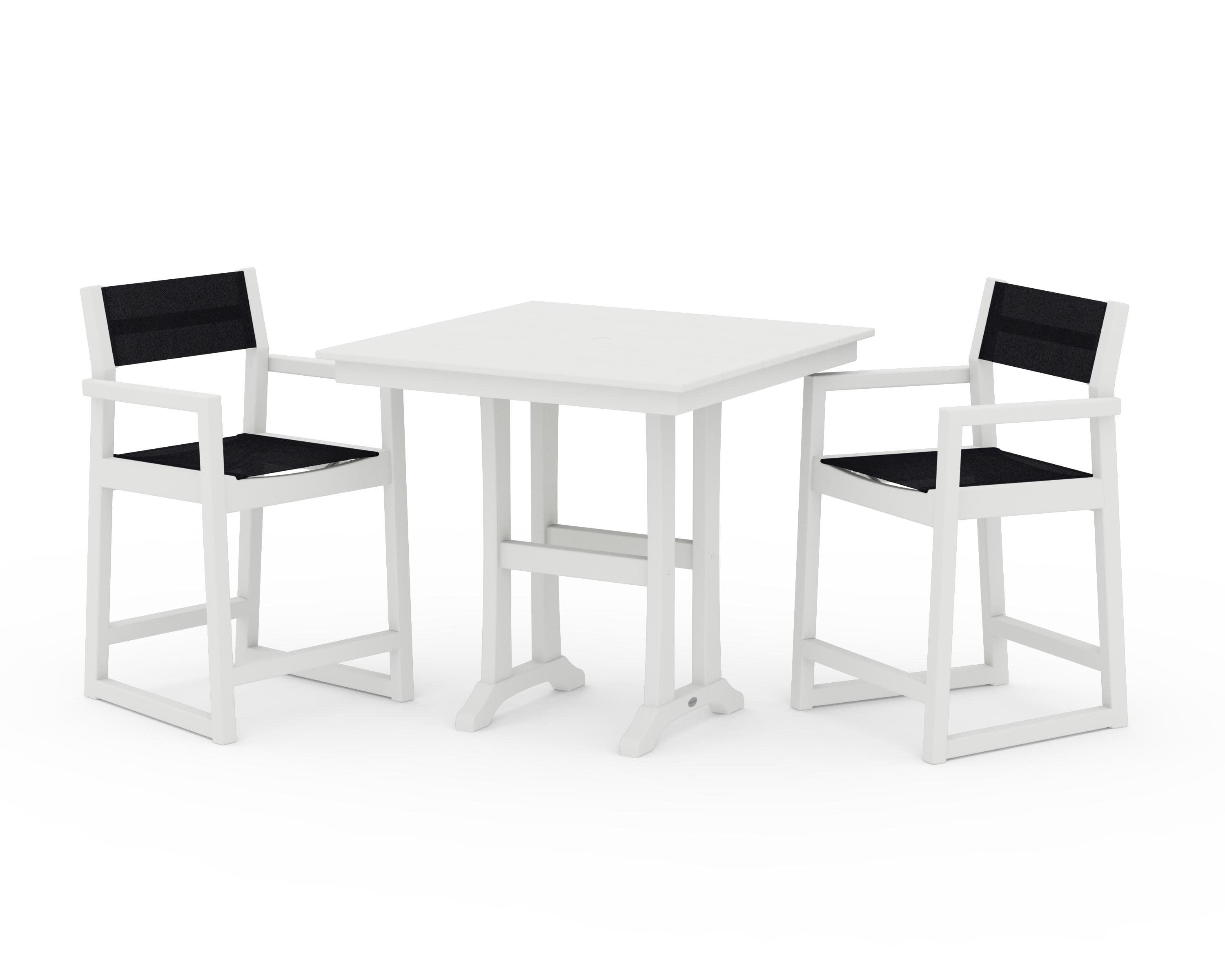 EDGE Sling Arm Chair 3-Piece Farmhouse Counter Set with Trestle Legs in Vintage White / Black Sling