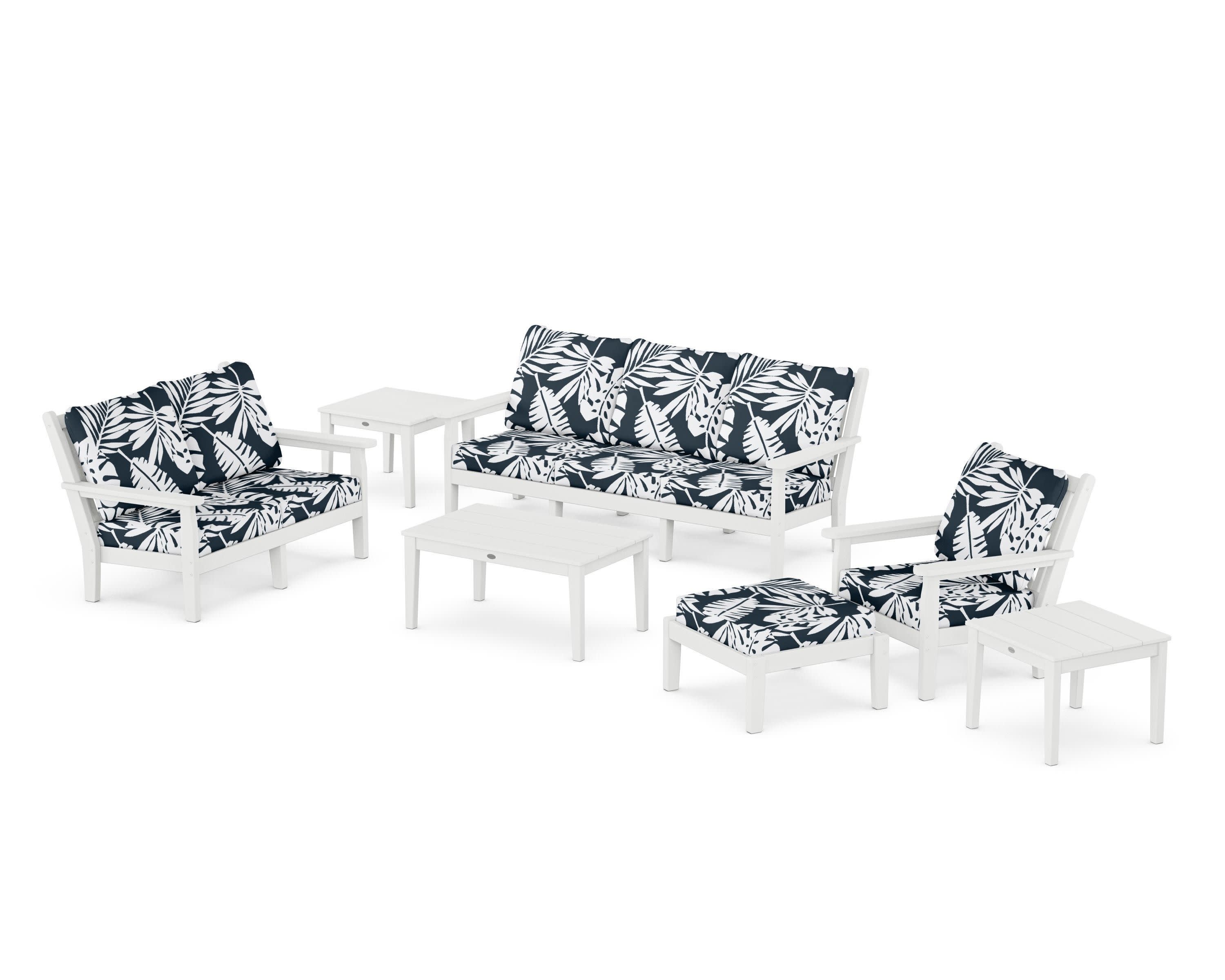 Chippendale 7-Piece Deep Seating Set in White / Leaf Marine Indigo