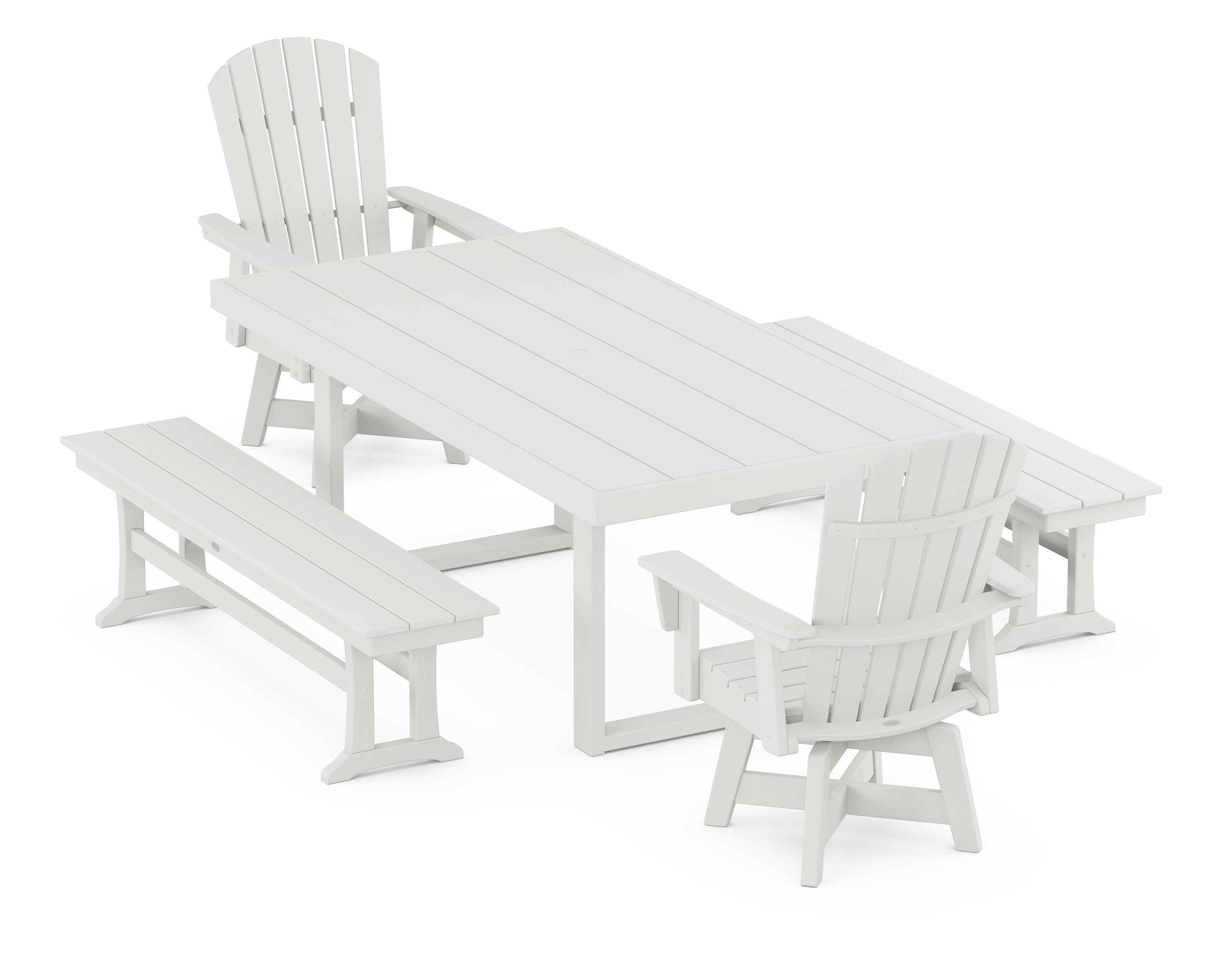 Nautical Curveback Adirondack Swivel Chair 5-Piece Dining Set with Benches in Vintage White