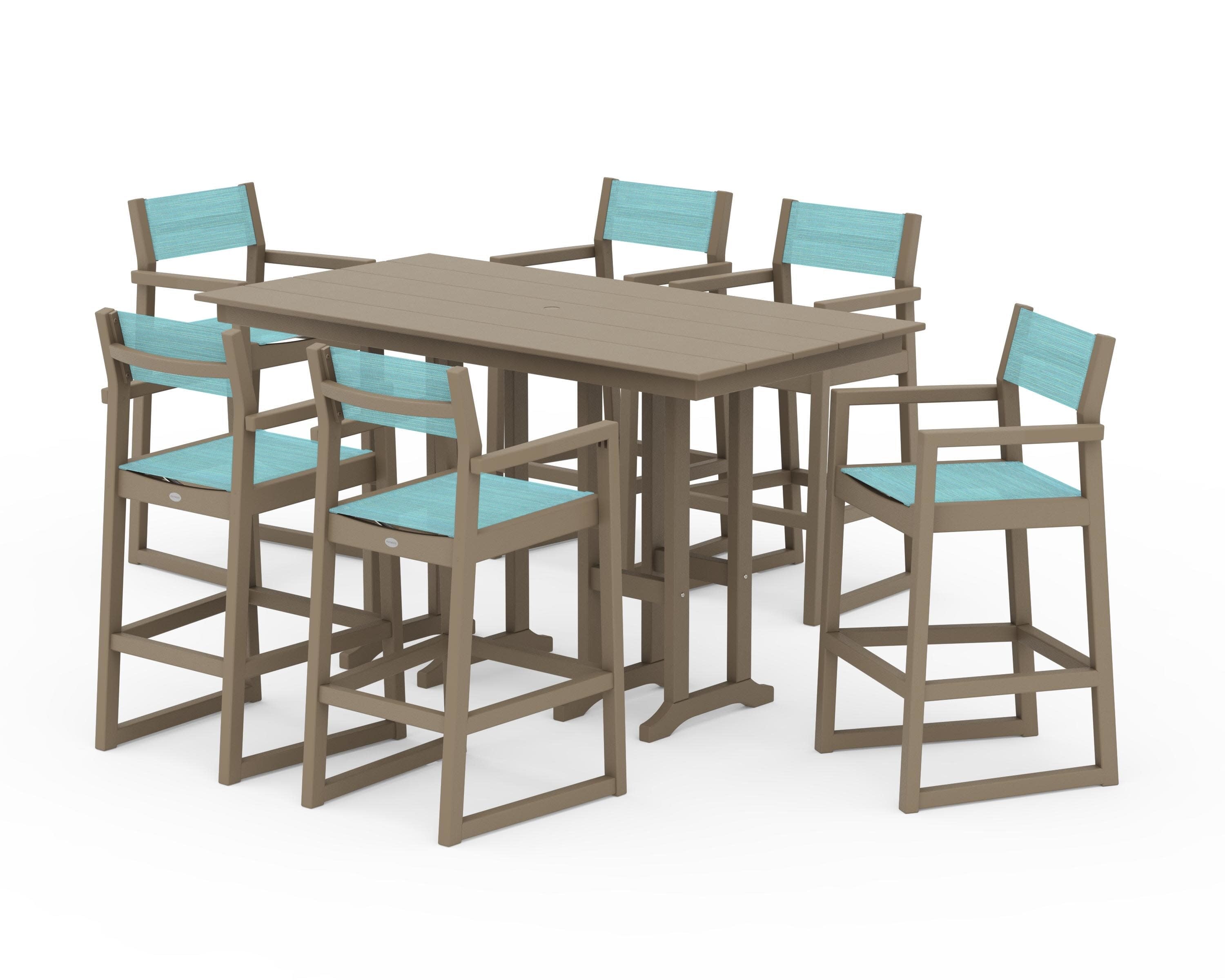 EDGE Sling Arm Chair 7-Piece Farmhouse Bar Set in Vintage Sahara / Dupioni Aquamarine Sling