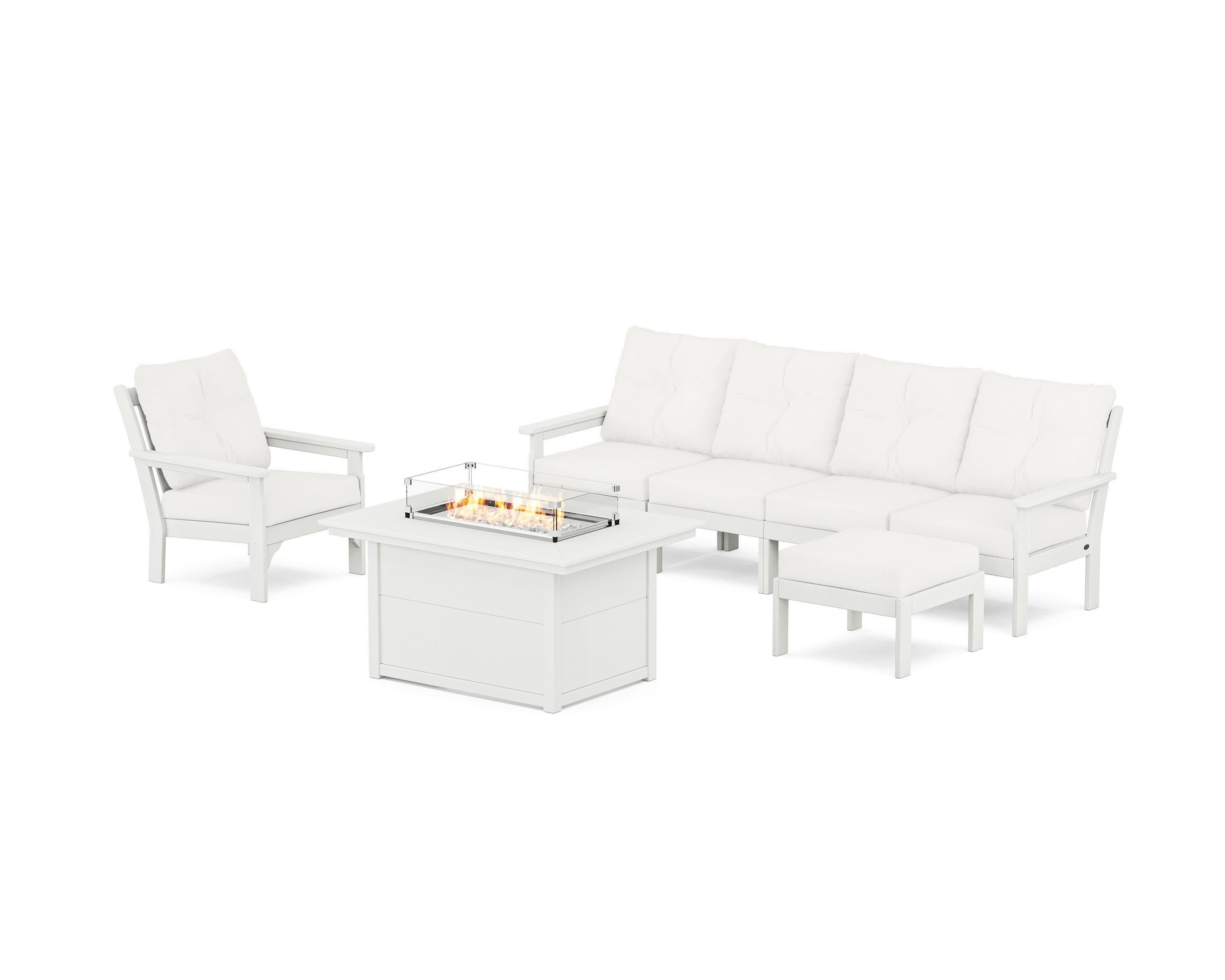 Vineyard Sectional Lounge and Fire Pit Set in Vintage White / Natural Linen