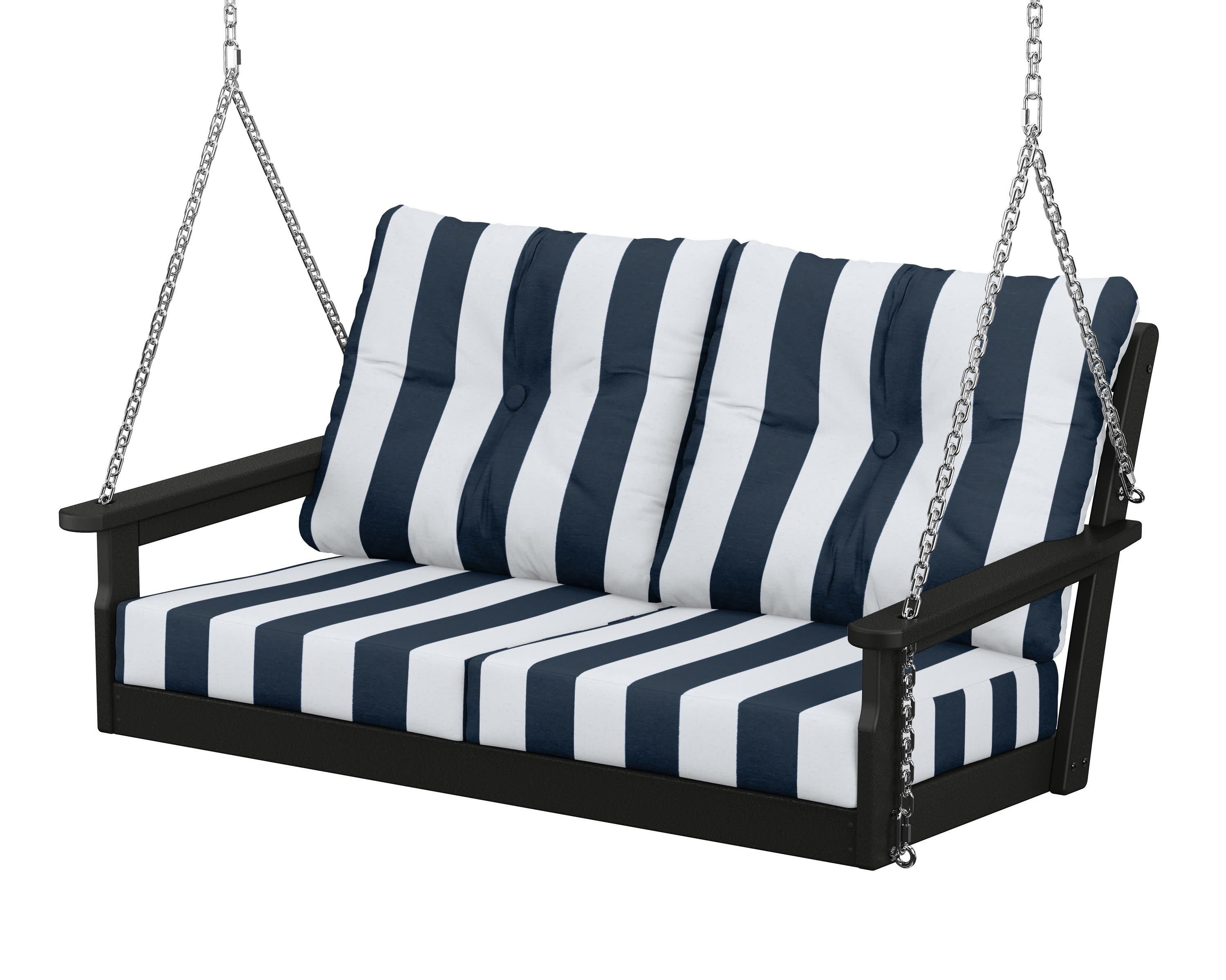Vineyard Deep Seating Swing in Black / Cabana Stripe Marine Indigo