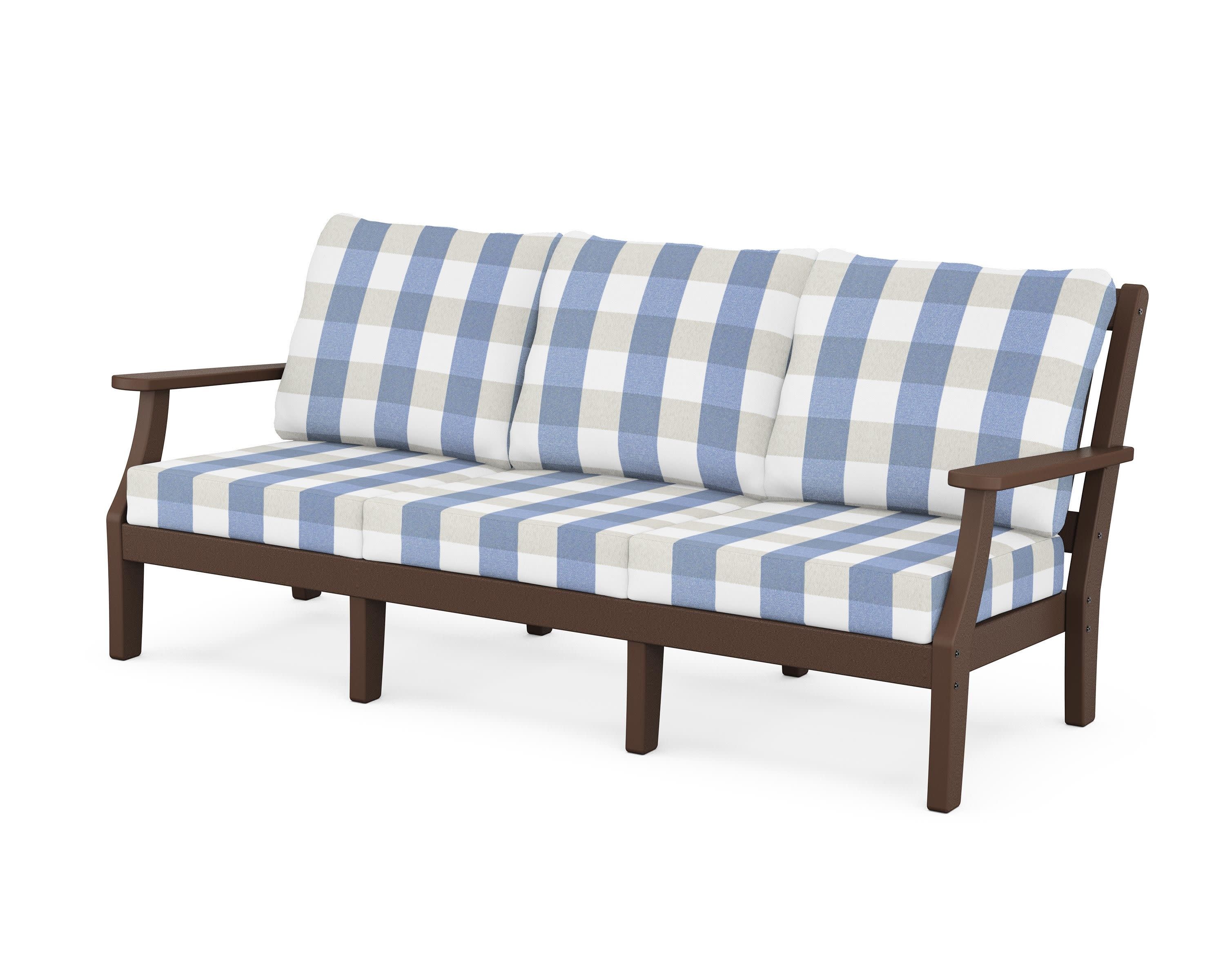Chinoiserie Deep Seating Sofa in Mahogany / Buffalo Plaid Sky Blue