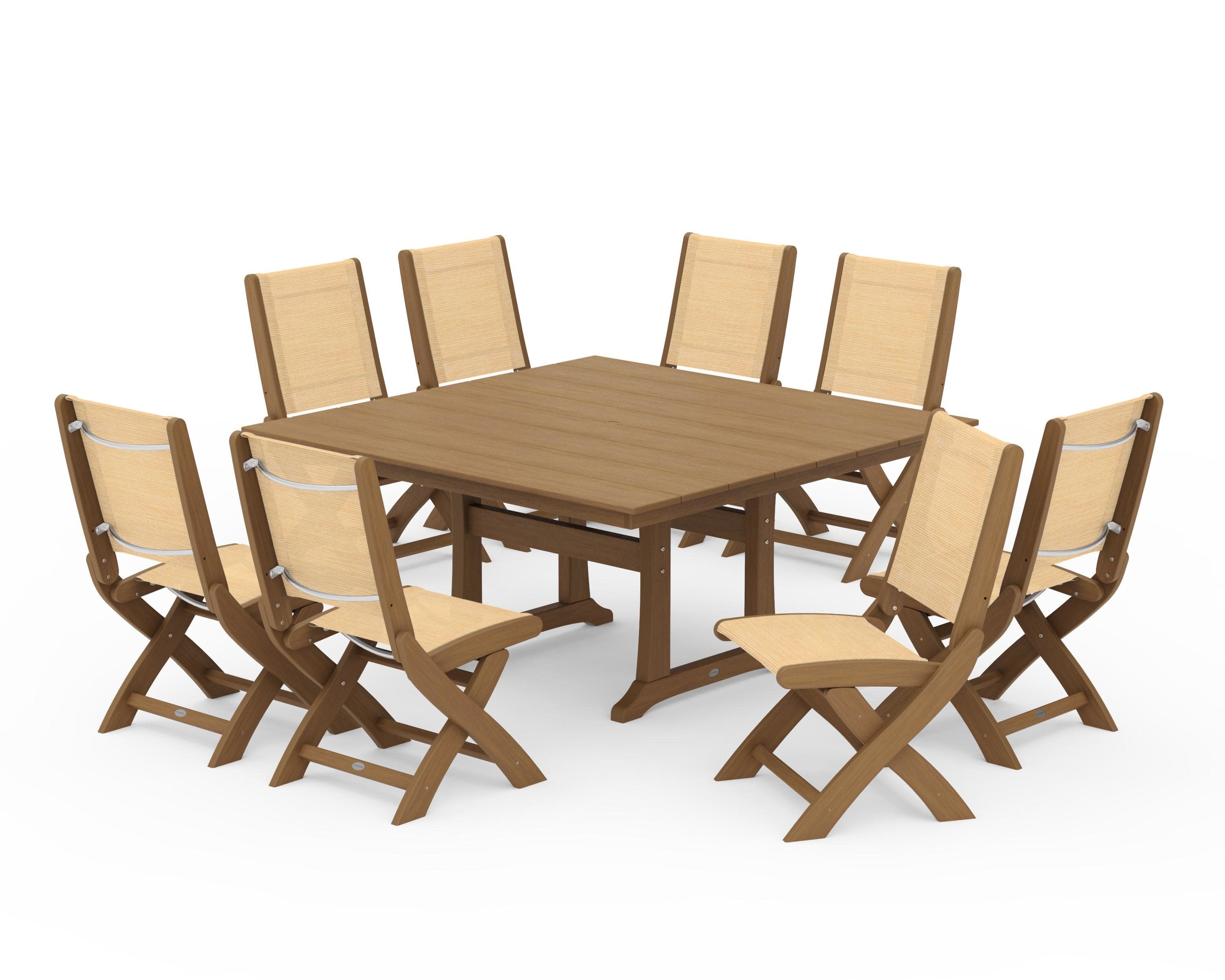 Coastal Folding Side Chair 9-Piece Farmhouse Dining Set in Natural / Dupioni Apricot Sling