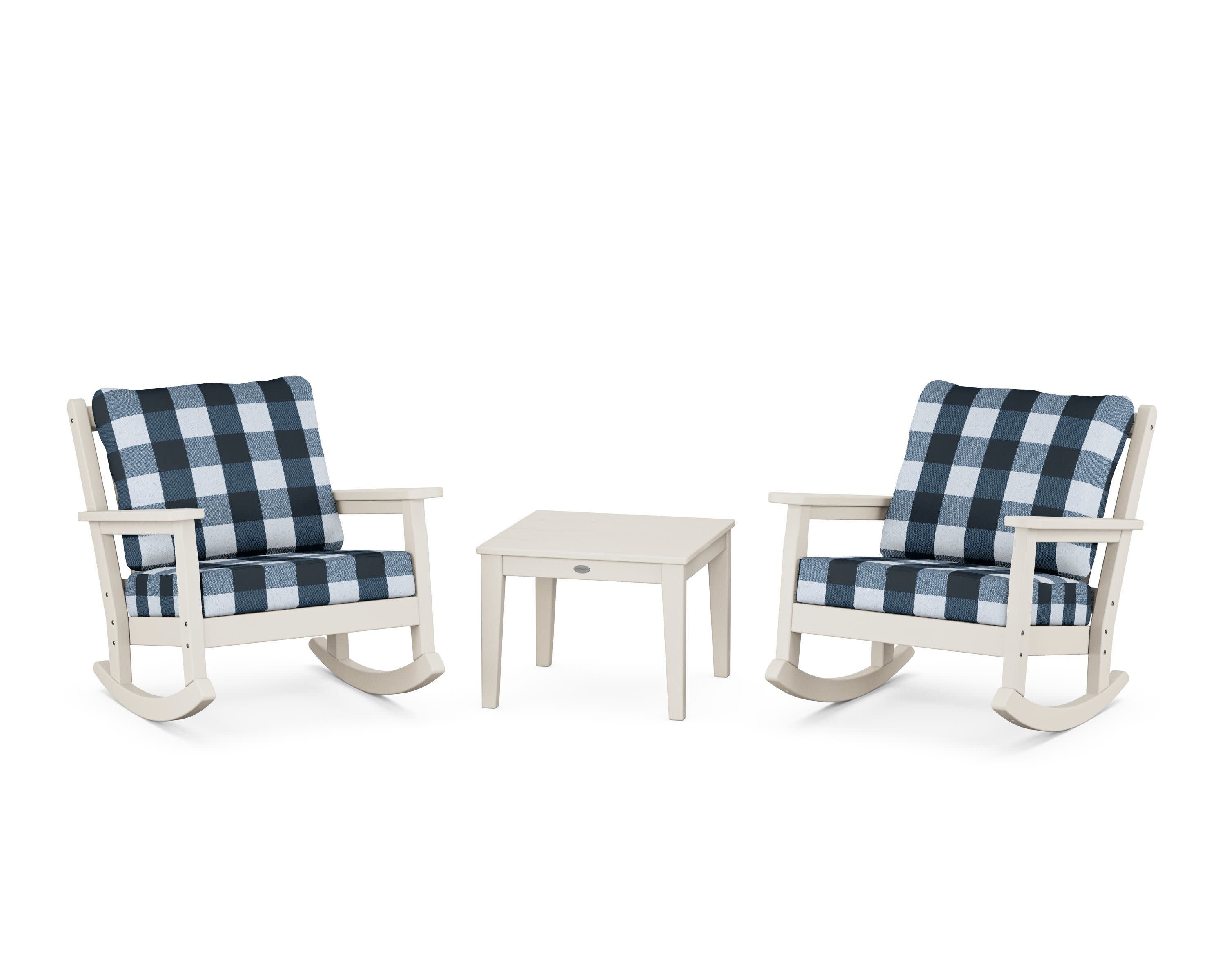 Chippendale 3-Piece Deep Seating Rocker Set in Sand / Buffalo Plaid Marine Indigo