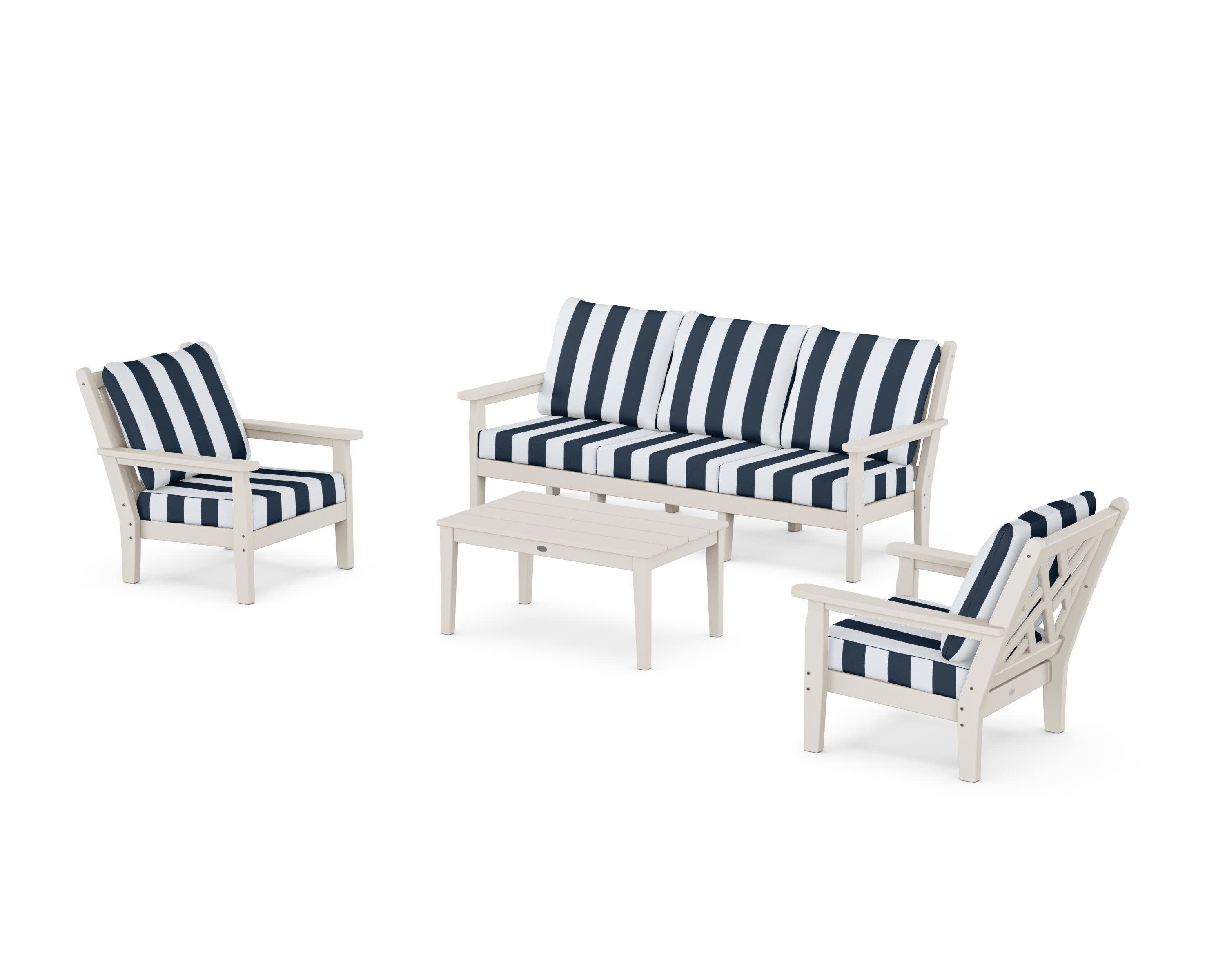 Chippendale 4-Piece Deep Seating Set with Sofa in Sand / Cabana Stripe Marine Indigo
