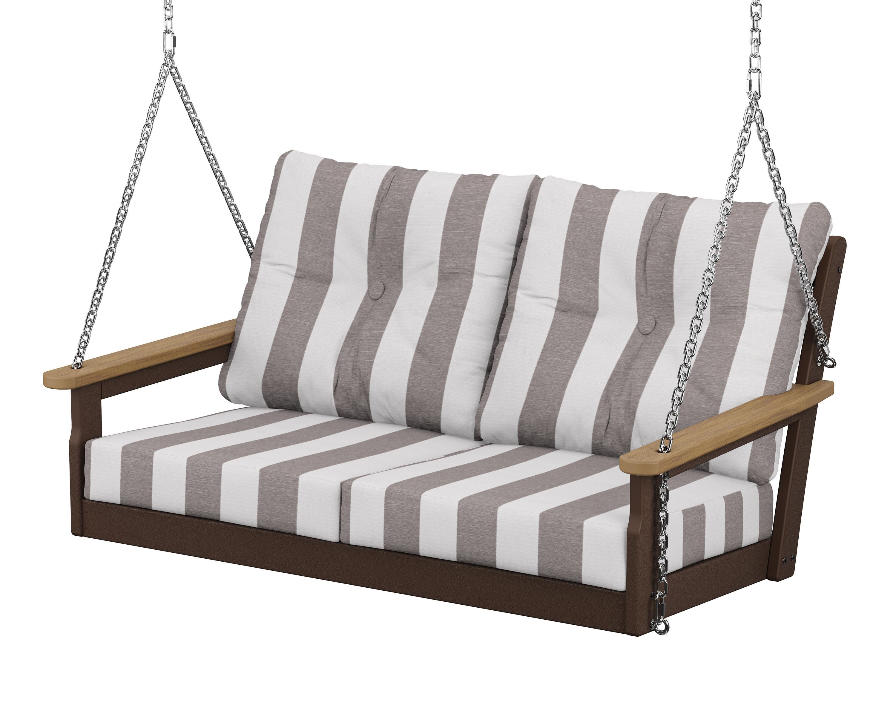 Vineyard Deep Seating Swing in Mahogany / Natural / Cabana Stripe Grey Mist