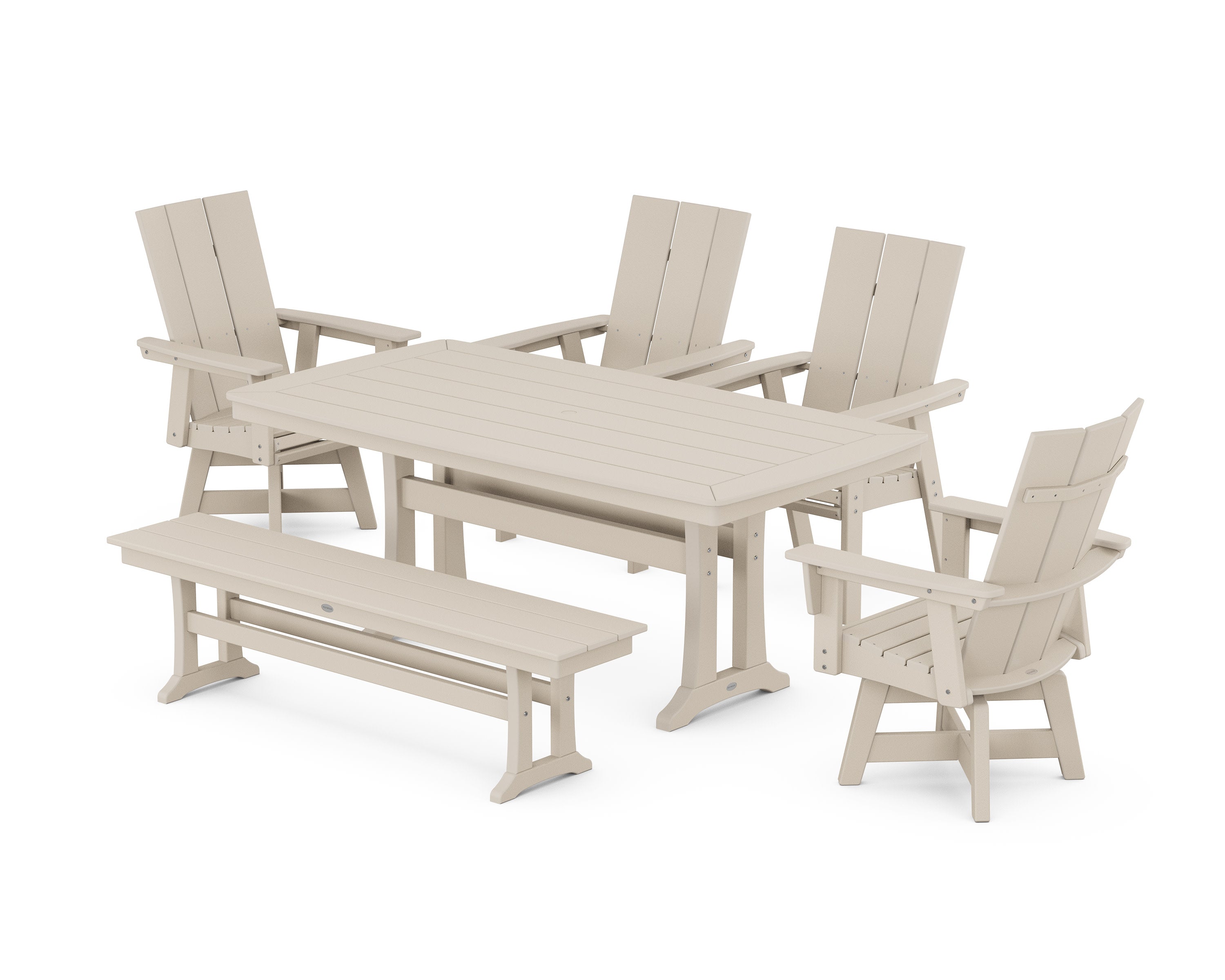 Modern Curveback Adirondack Swivel Chair 6-Piece Dining Set with Trestle Legs and Bench in Sand