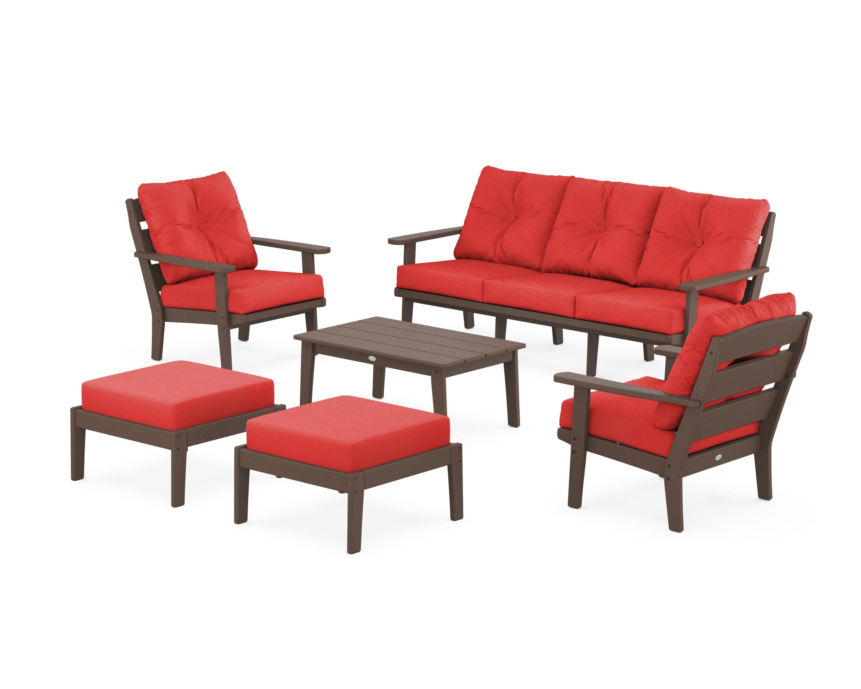 Lakeside 6-Piece Lounge Sofa Set in Mahogany / Crimson Linen