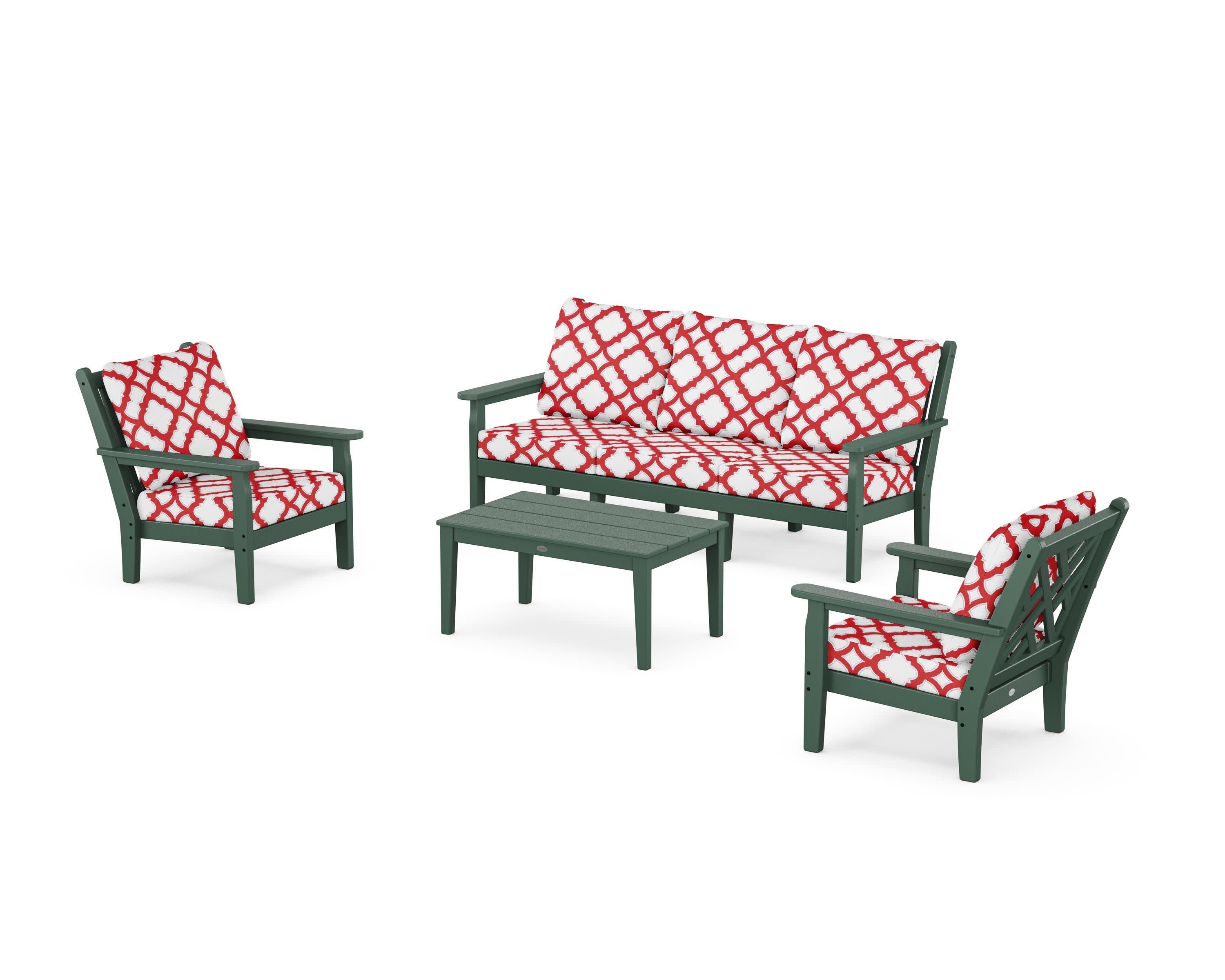 Chippendale 4-Piece Deep Seating Set with Sofa in Green / Trellis Crimson