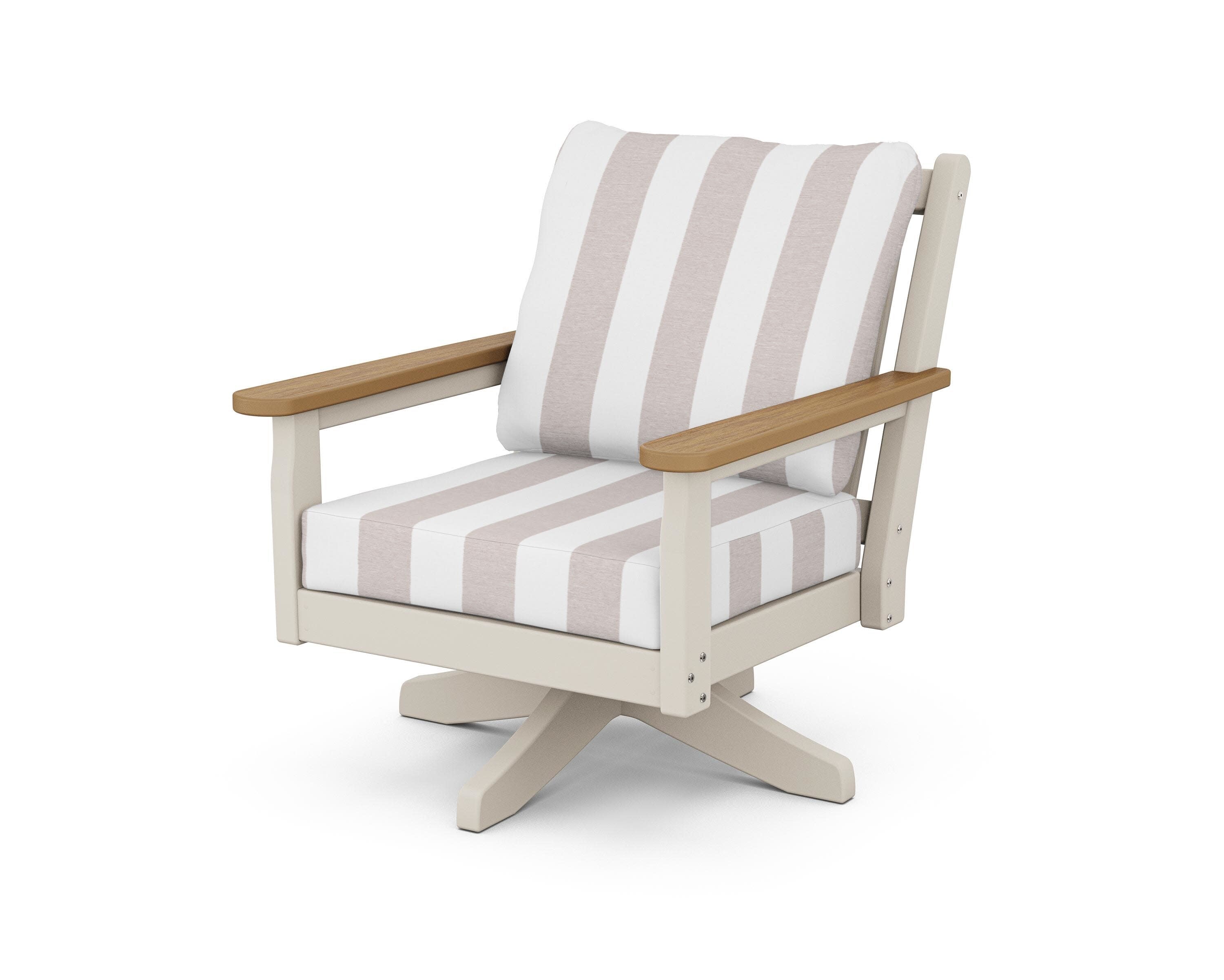 Chippendale Deep Seating Swivel Chair in Sand / Natural / Cabana Stripe Dune Burlap