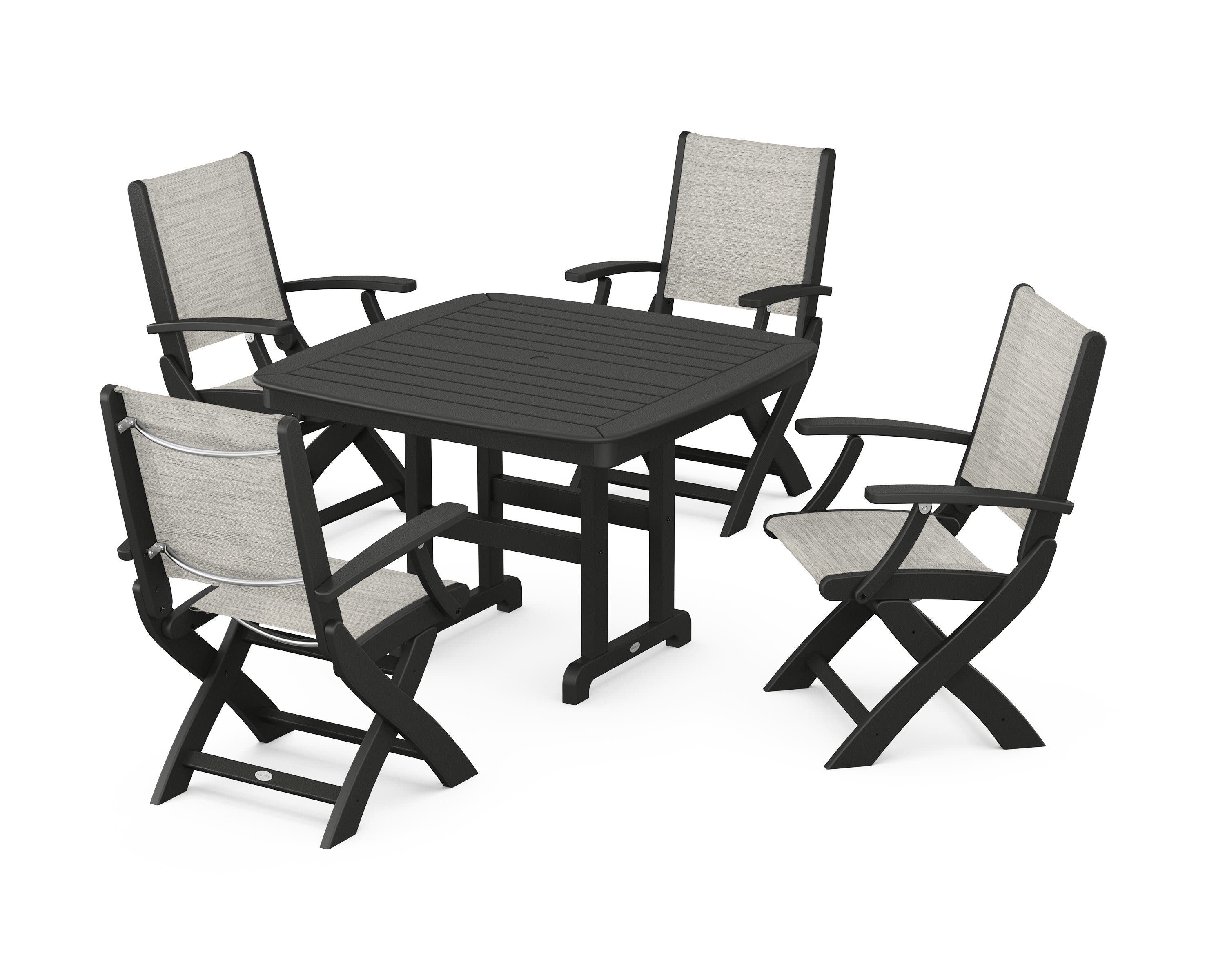 Coastal Folding Chair 5-Piece Dining Set in Black / Birch Sling