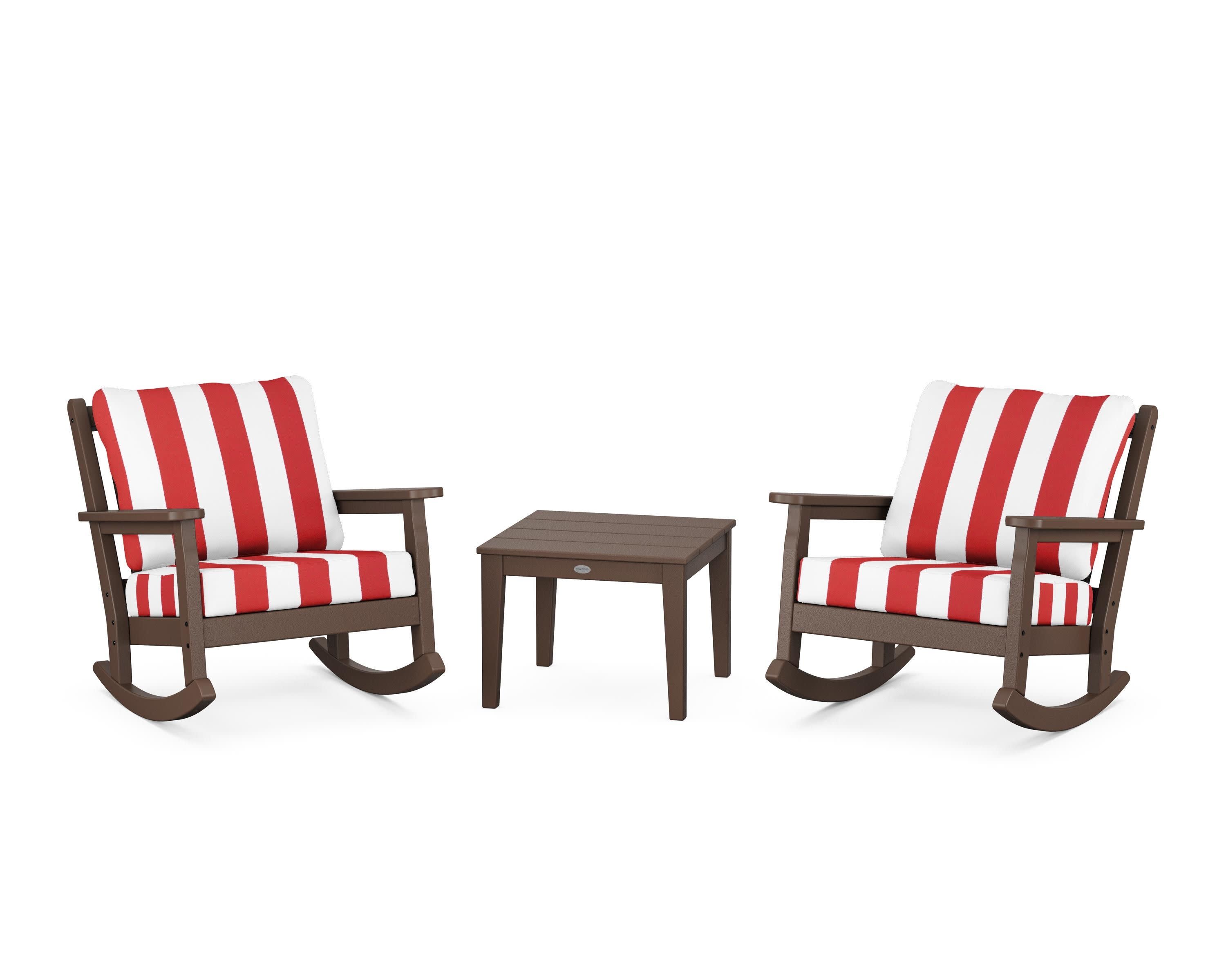 Chippendale 3-Piece Deep Seating Rocker Set in Mahogany / Cabana Stripe Crimson