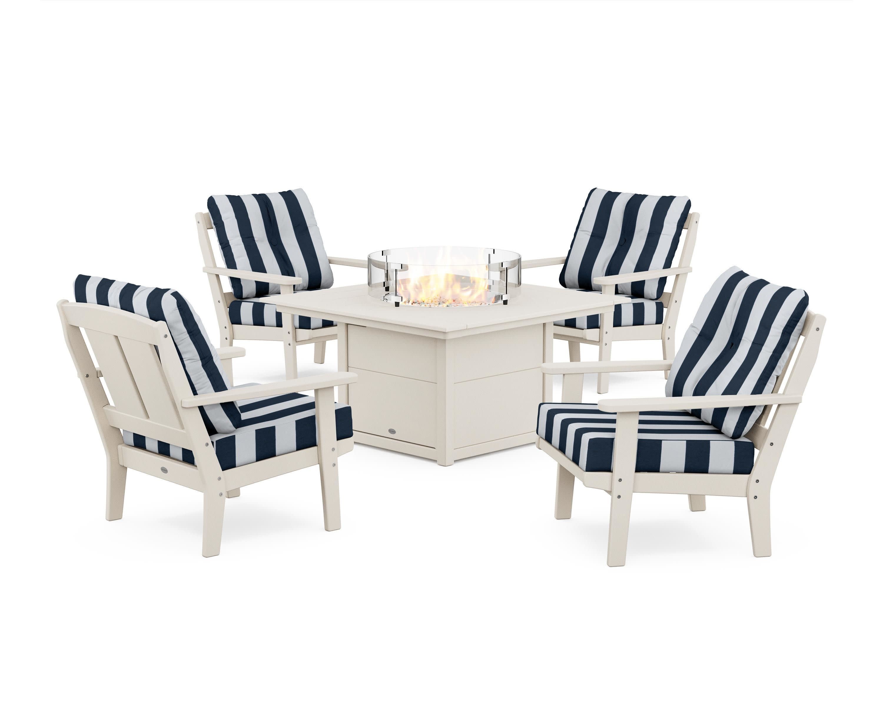 Mission 5-Piece Deep Seating Set with Fire Pit Table in Sand / Cabana Stripe Marine Indigo