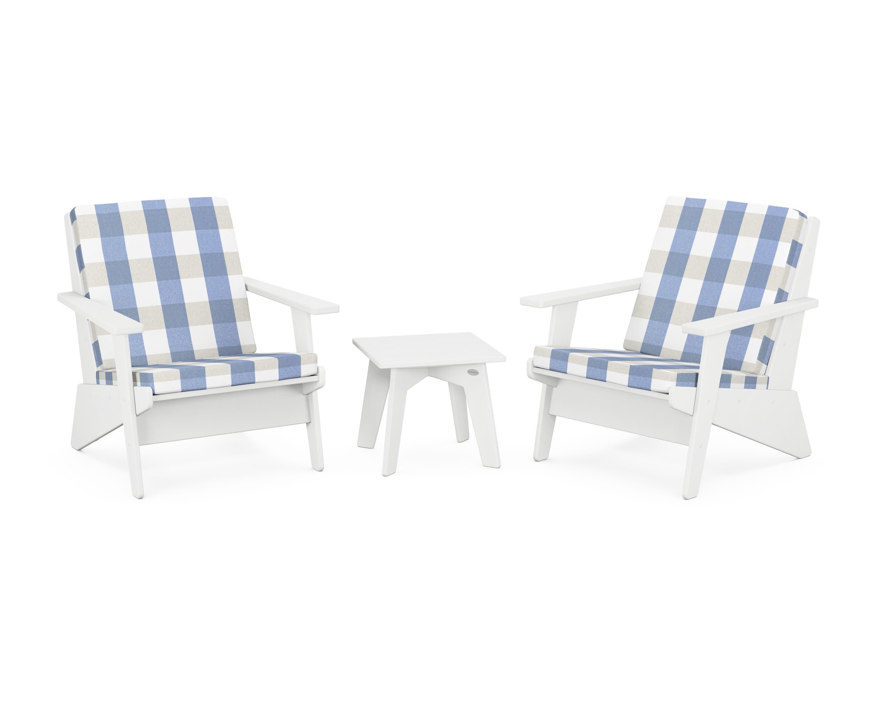 Riviera Modern Lounge 3-Piece Set in White / Buffalo Plaid Sky Blue