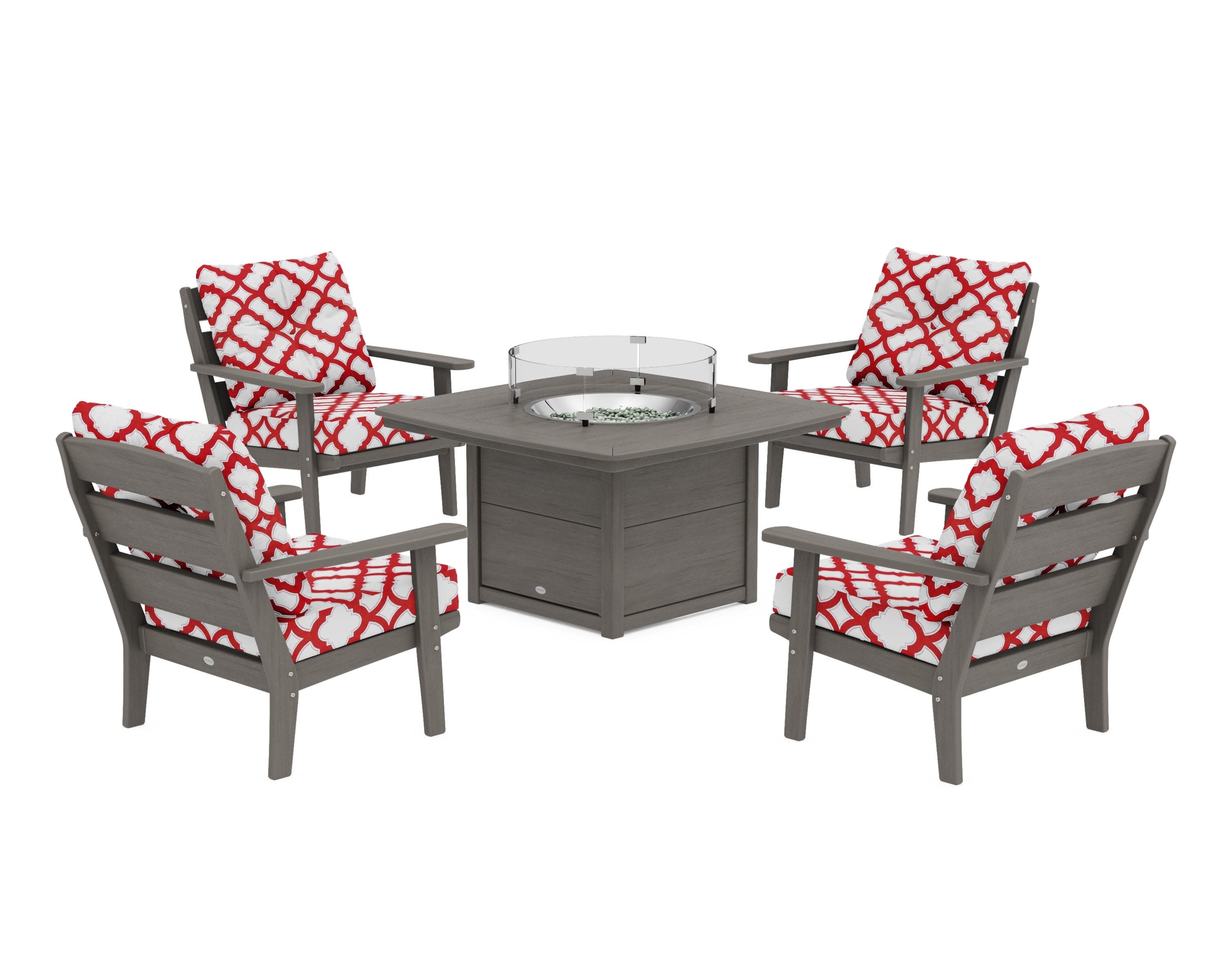 Lakeside 5-Piece Deep Seating Set with Nautical Fire Pit Table in Driftwood / Trellis Crimson