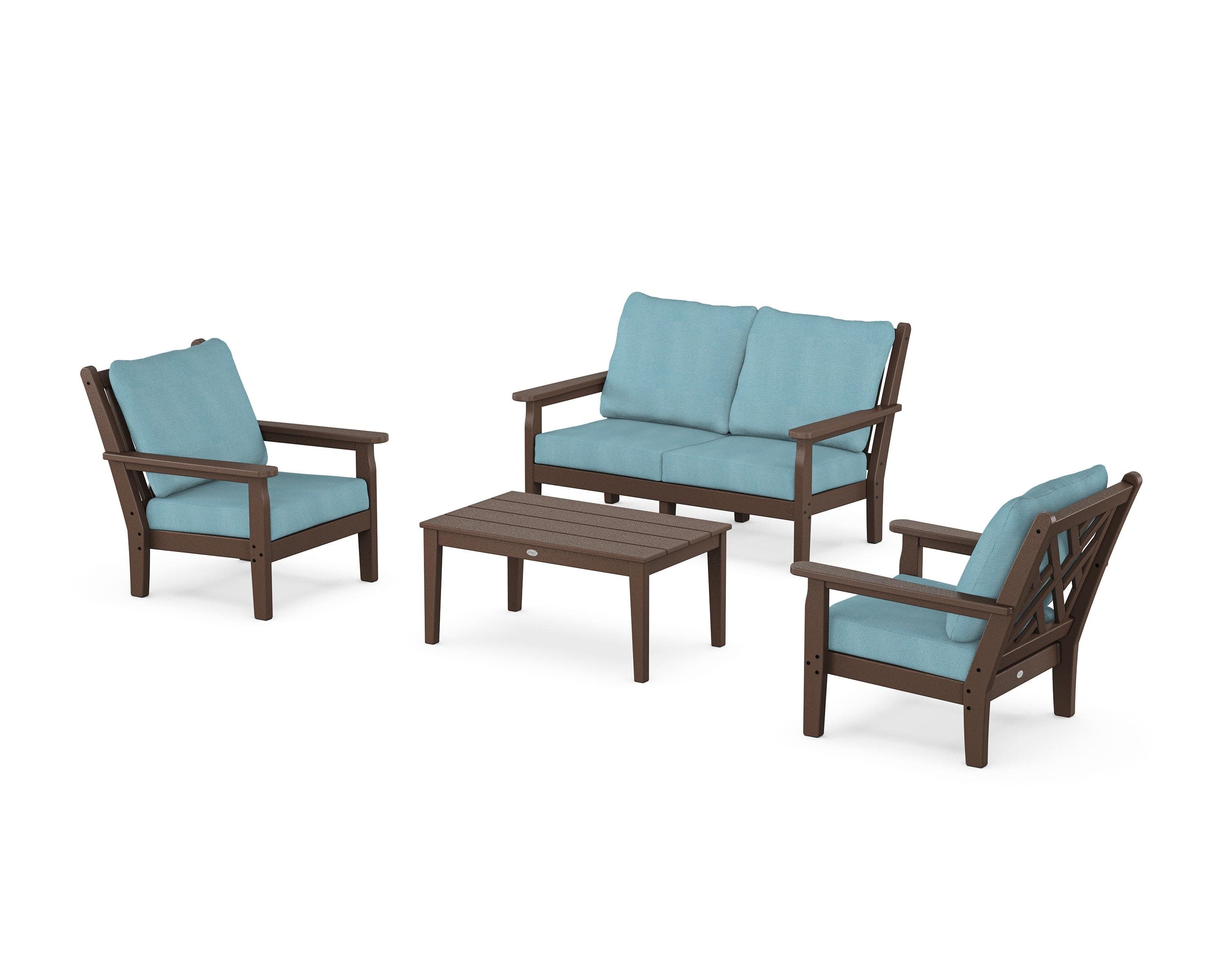 Chippendale 4-Piece Deep Seating Set with Loveseat in Mahogany / Lattice Sky Blue