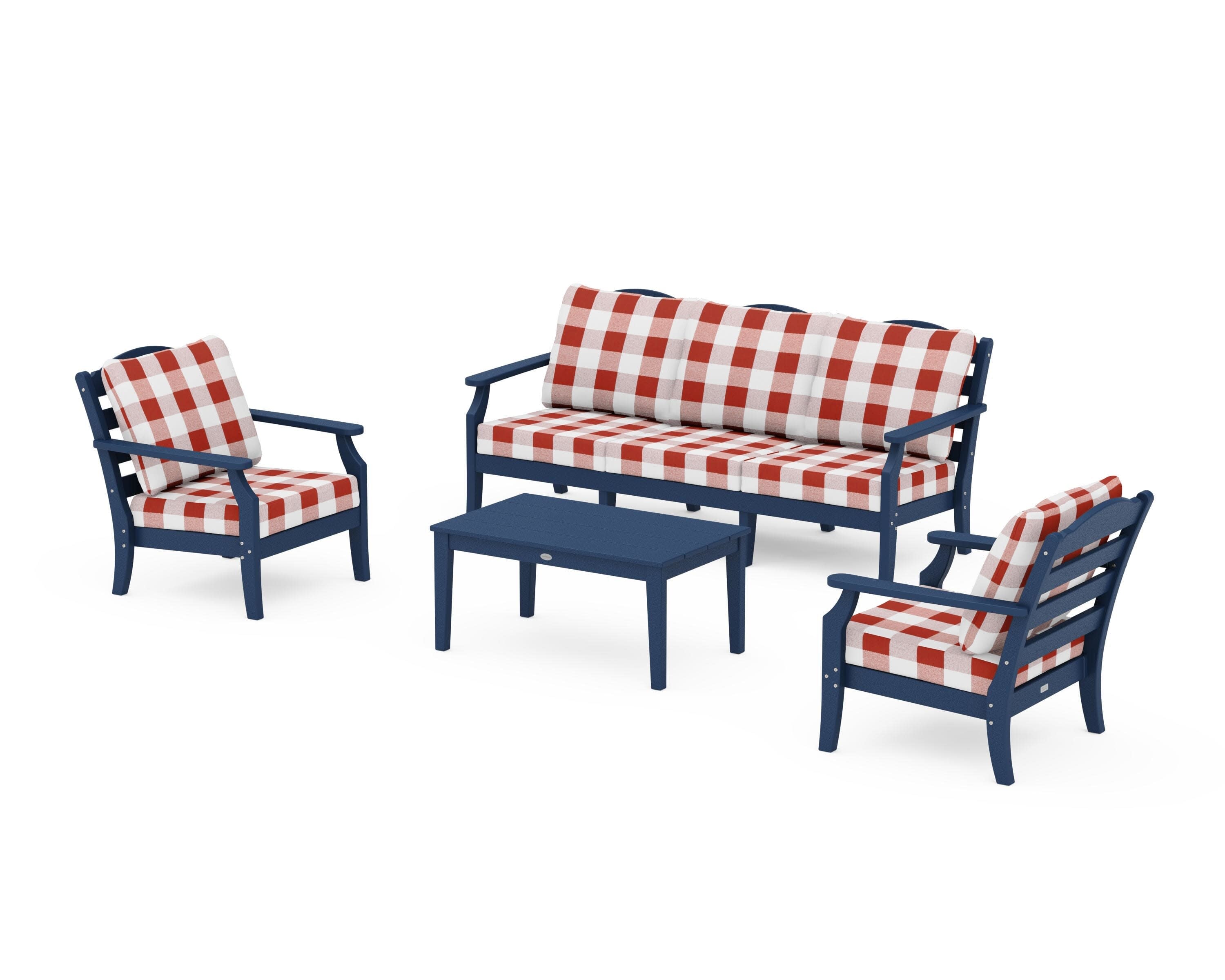 Savannah 4-Piece Deep Seating Set with Sofa in Navy / Buffalo Plaid Crimson