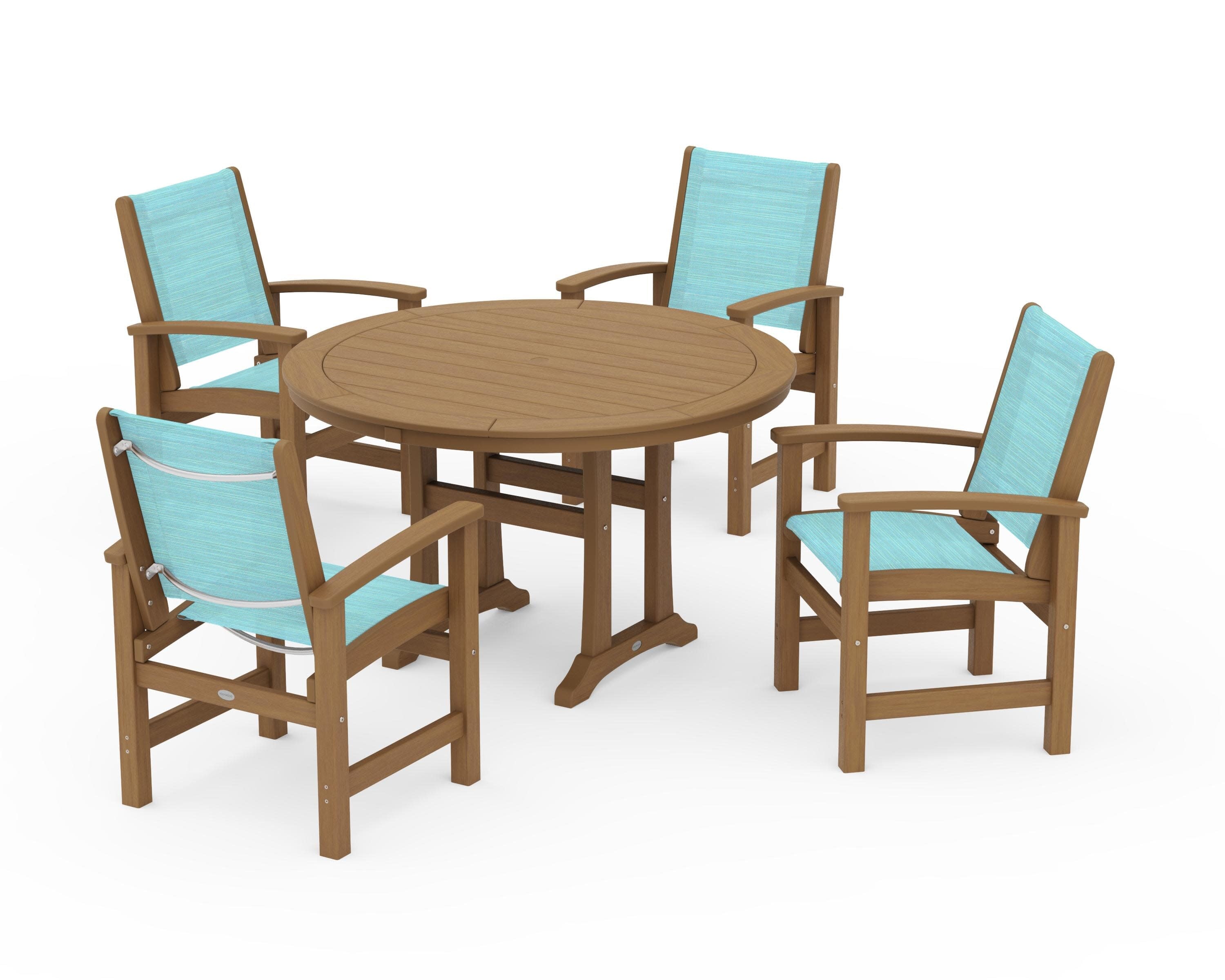 Coastal 5-Piece Round Dining Set with Trestle Legs in Natural / Dupioni Aquamarine Sling