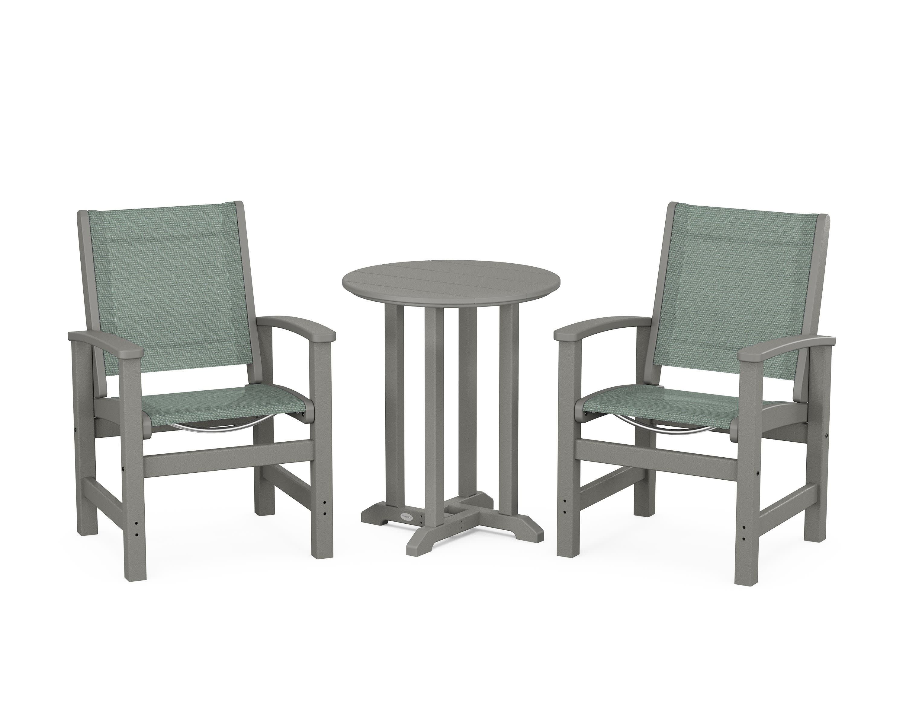 Coastal 3-Piece Round Bistro Dining Set in Slate Grey / Dupioni Sea Mist Sling