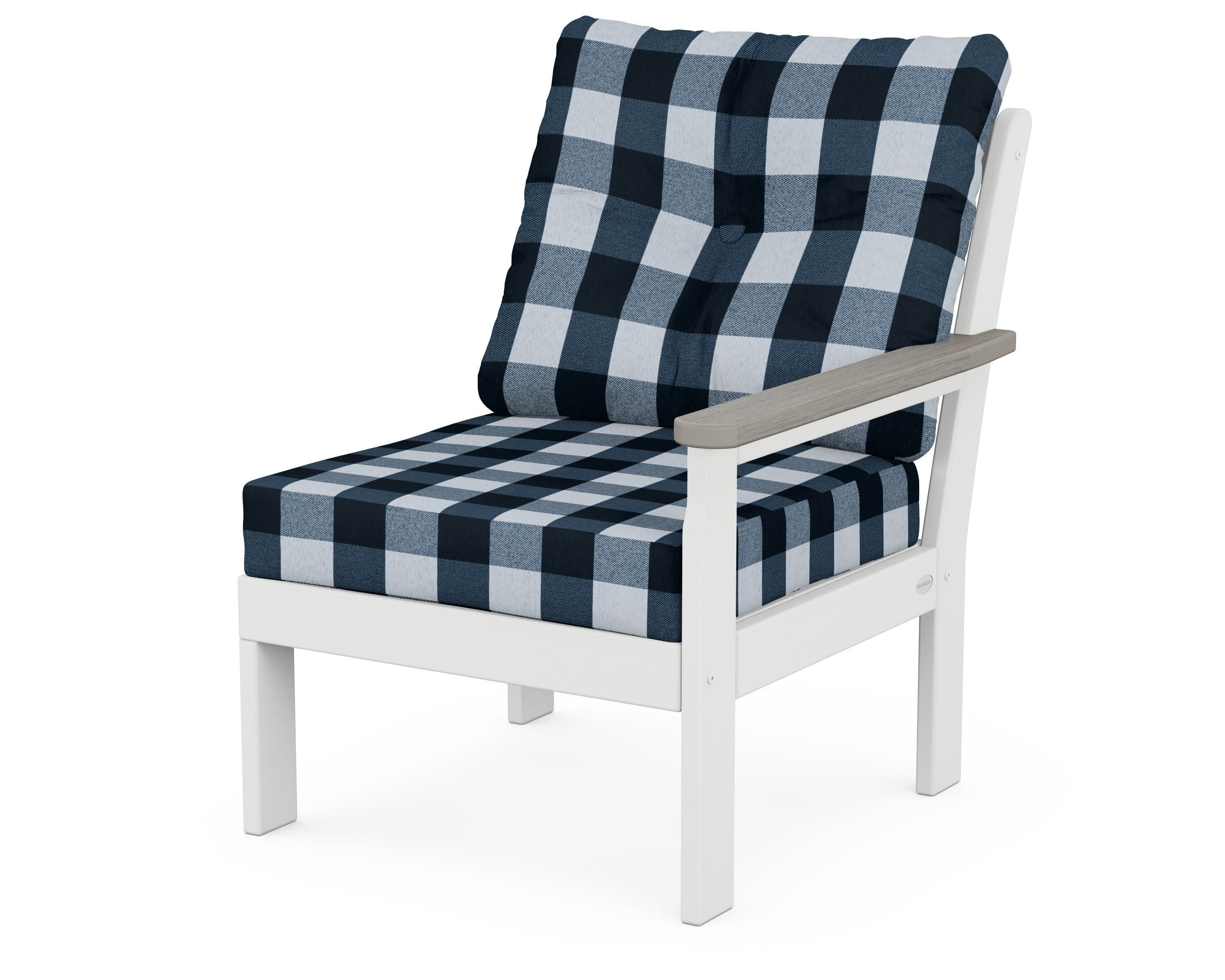 Vineyard Modular Right Arm Chair in White / Driftwood / Buffalo Plaid Marine Indigo