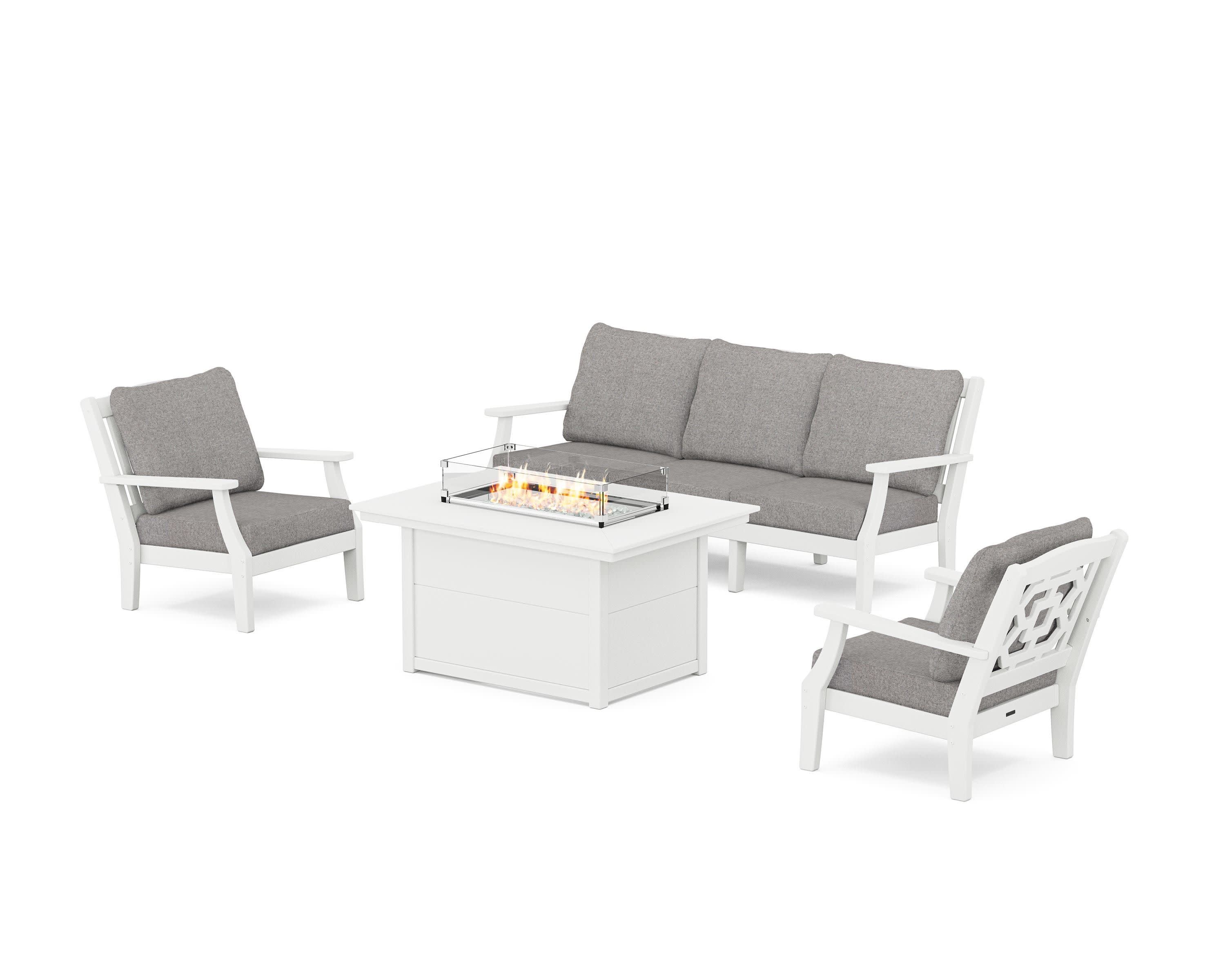 Chinoiserie Deep Seating Fire Pit Table Set in White / Grey Mist